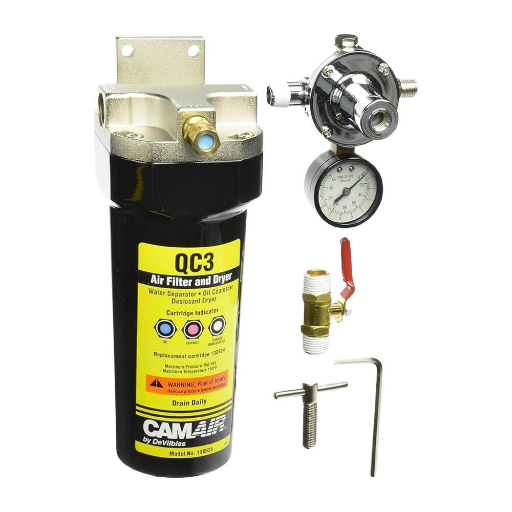 QC3 Air Filter and Dryer  
Water Separator - Oil Coalescer - Desiccant Dryer  
Cartridge Indicator  
Replacement cartridge 130524  
Maximum Pressure 150 PSI  
Maximum Temperature 150°F  
WARNING: Risk of injury. Release pressure before servicing.  
Drain Daily  
CAMAIR by De Vilbiss  
Model No 130525