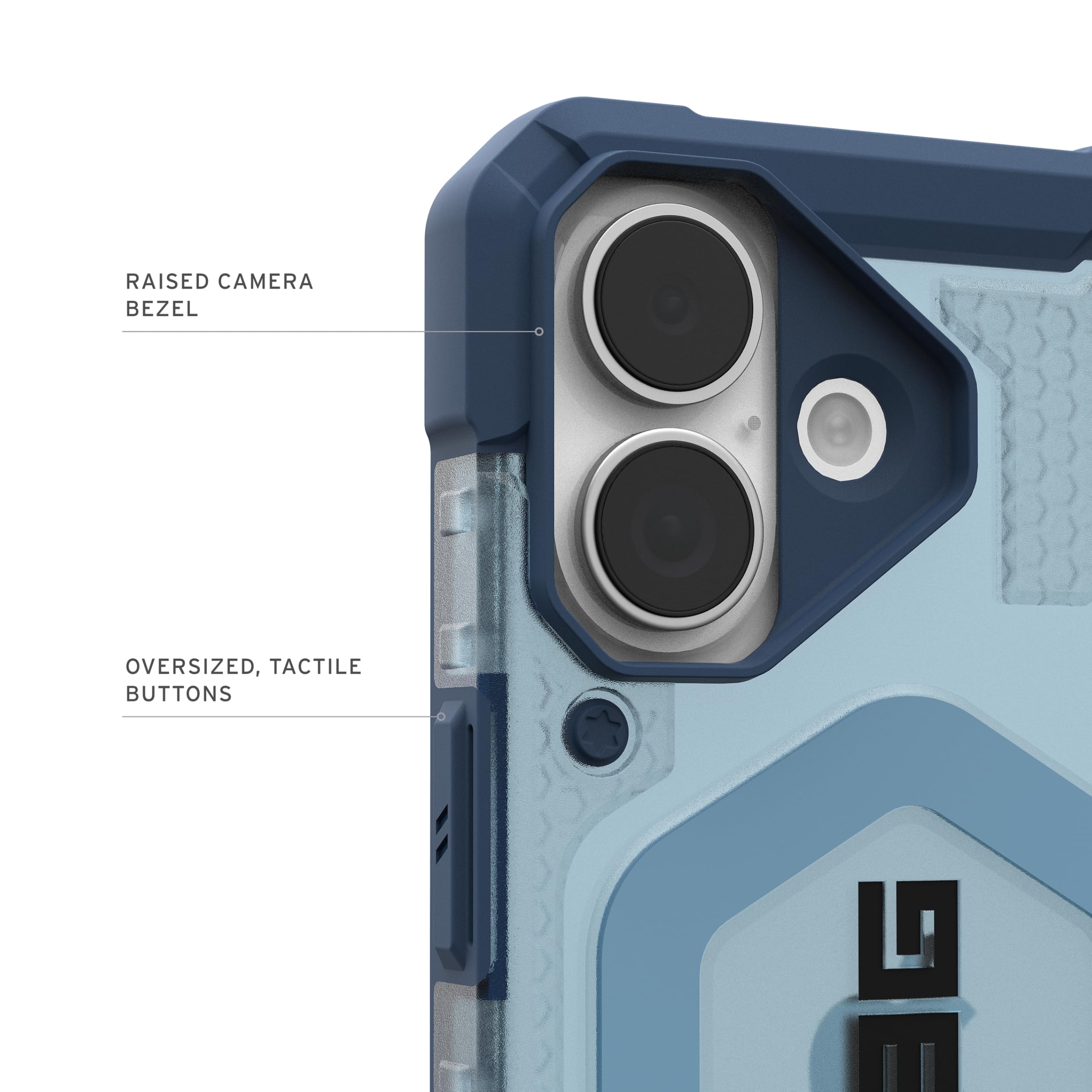 RAISED CAMERA BEZEL, OVERSIZED, TACTILE BUTTONS