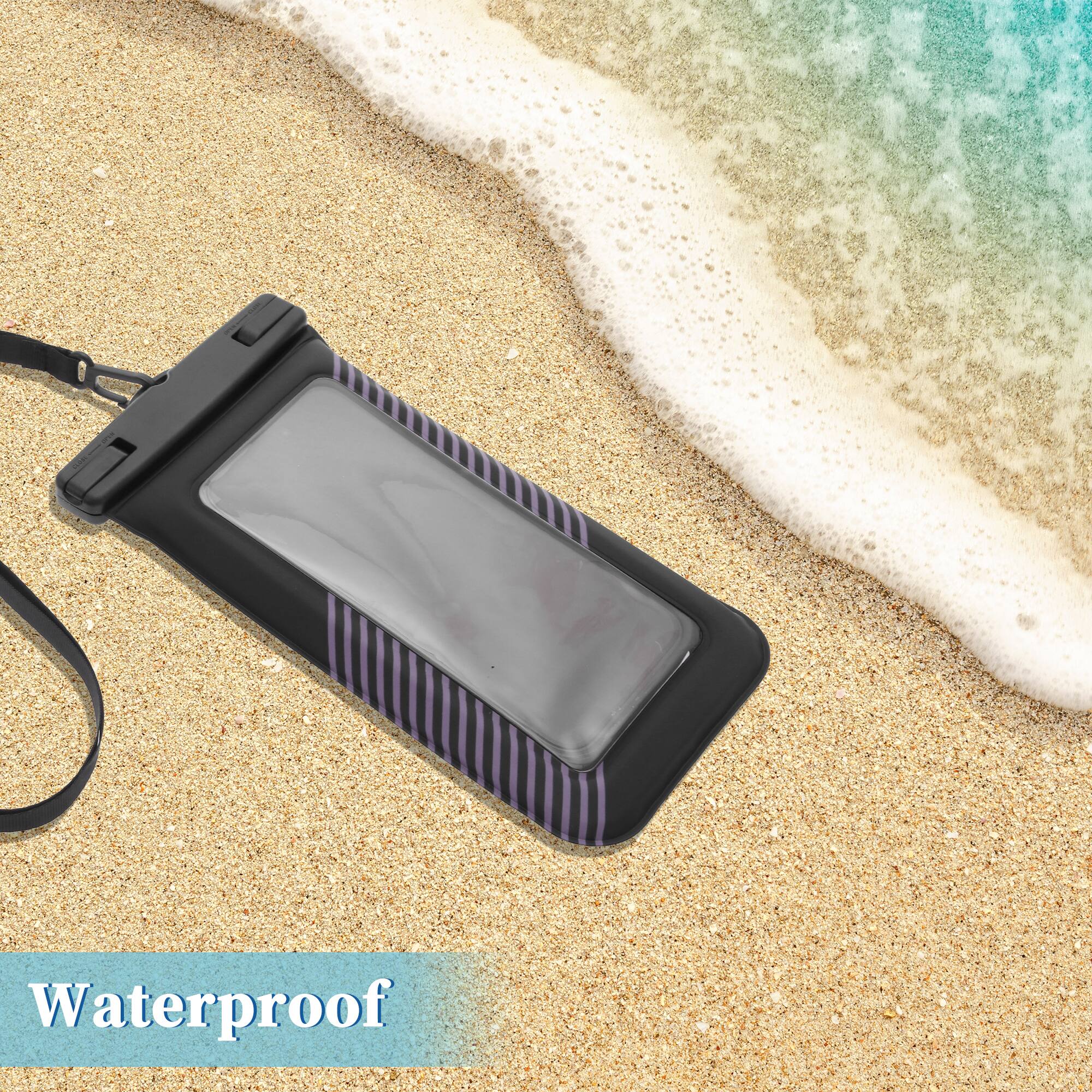 Alt View 1. Unique Bargains - 2pcs Half Stripe Mobile Waterproof Bag Universal Waterproof Case Compatible for Phone 4.53"x8.27" - Black Purple.