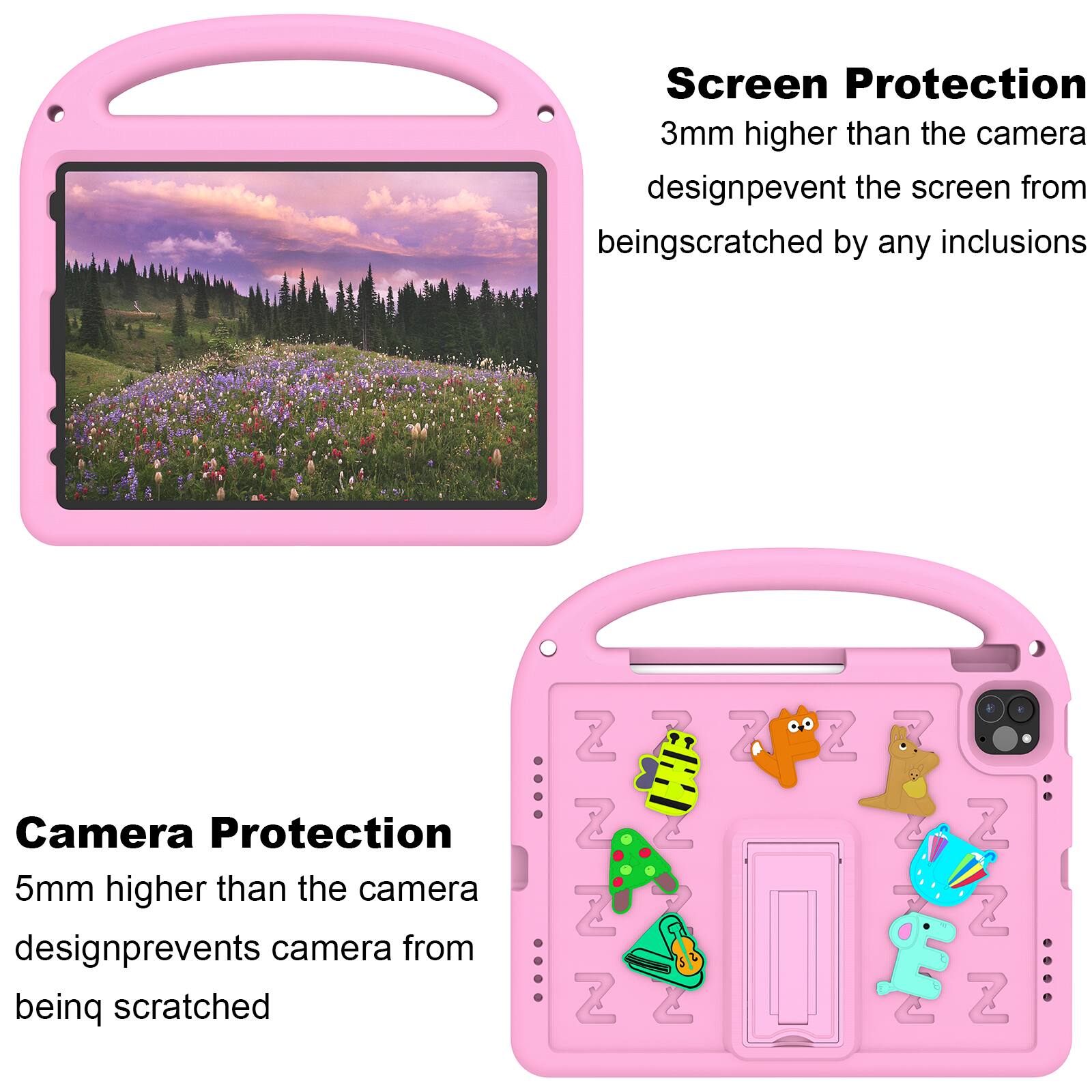 Screen Protection  
3mm higher than the camera design prevents the screen from being scratched by any inclusions

Camera Protection  
5mm higher than the camera design prevents the camera from being scratched