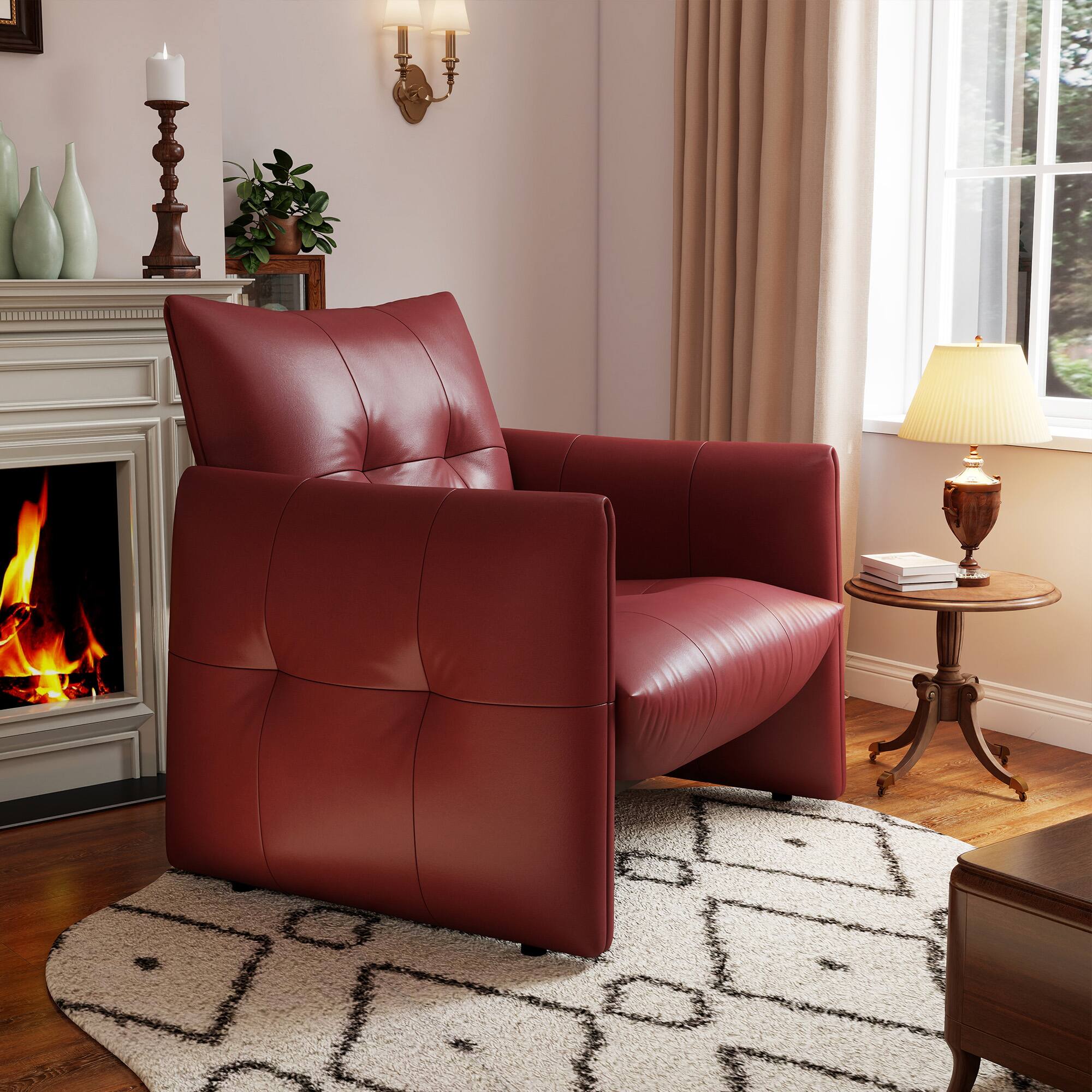Alt View 1. luck idea - Modern 34.64" Lounge Accent Chair Sofa, Faux Leather Upholstered Armchair with Thick Cushion & Solid Wood Frame - Wine Red.