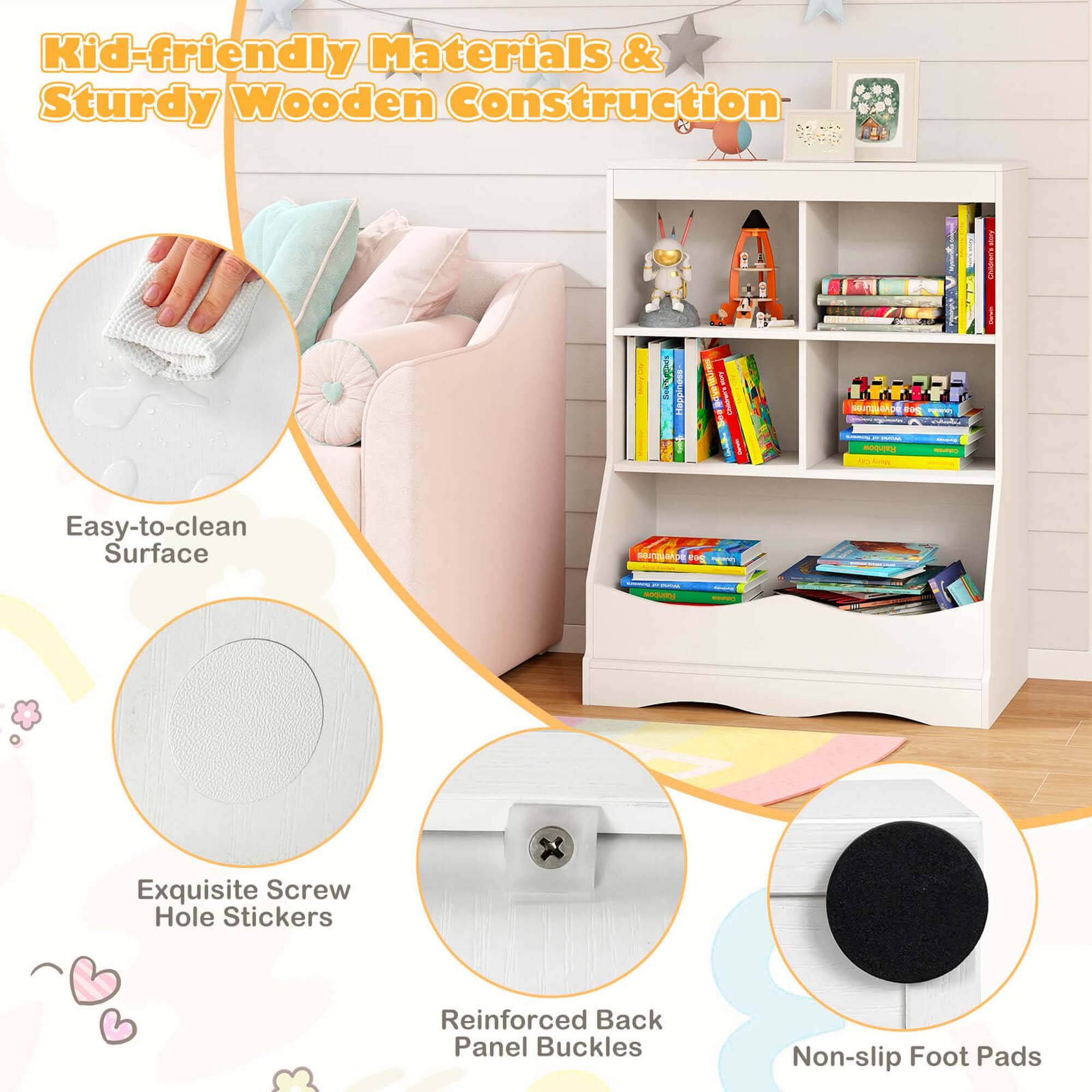 Kid-friendly Materials & Sturdy Wooden Construction

- Easy-to-clean Surface
- Exquisite Screw Hole Stickers
- Reinforced Back Panel Buckles
- Non-slip Foot Pads