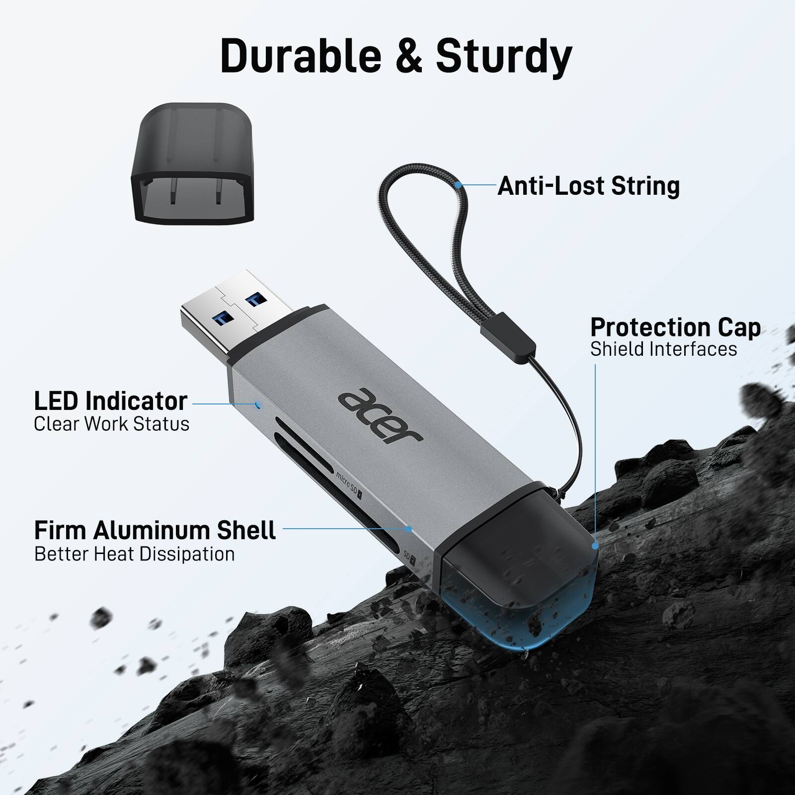 Durable & Sturdy  
Anti-Lost String  
LED Indicator  
Clear Work Status  
Firm Aluminum Shell  
Better Heat Dissipation  
Protection Cap  
Shield Interfaces