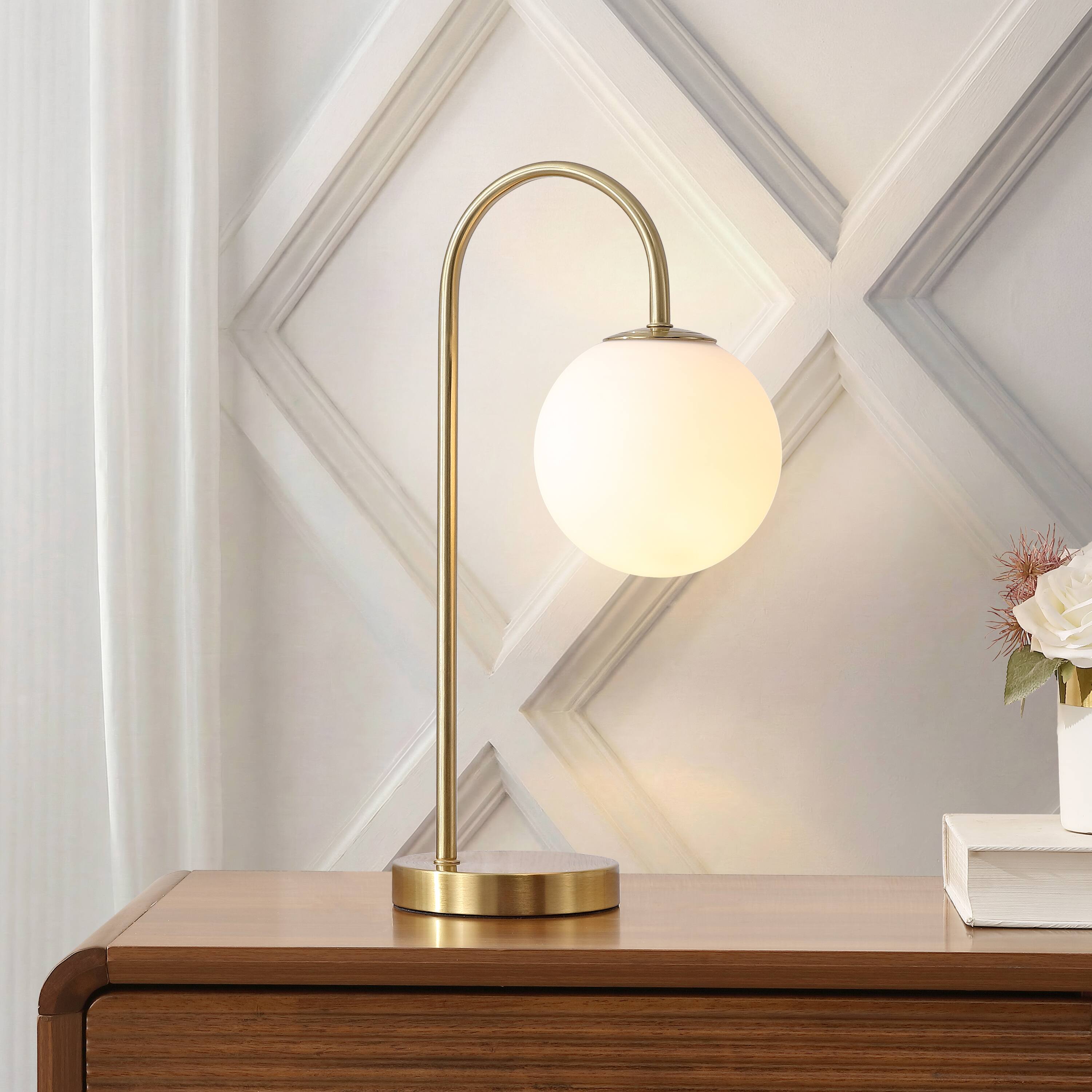 Alt View 1. Jonathan Y - Arco 18.25" Minimalist Mid-Century Arched Metal/Glass LED Table Lamp with Frosted Globe Shade, Brass Gold - Brass Gold.