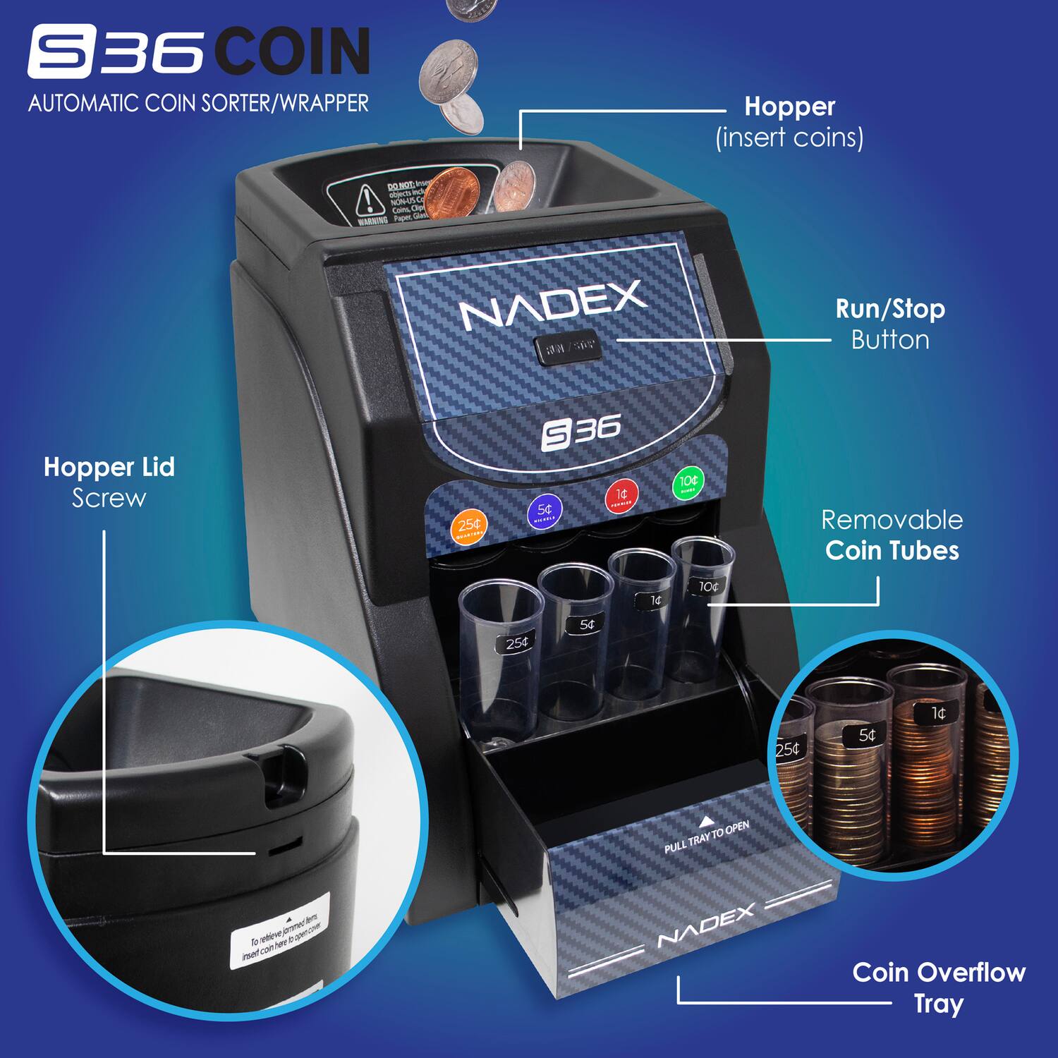 S36 COIN AUTOMATIC COIN SORTER/WRAPPER

- Hopper (insert coins)
- Run/Stop Button
- Hopper Lid Screw
- Removable Coin Tubes
- Coin Overflow Tray

25¢ - 10¢ - 5¢ - 1¢