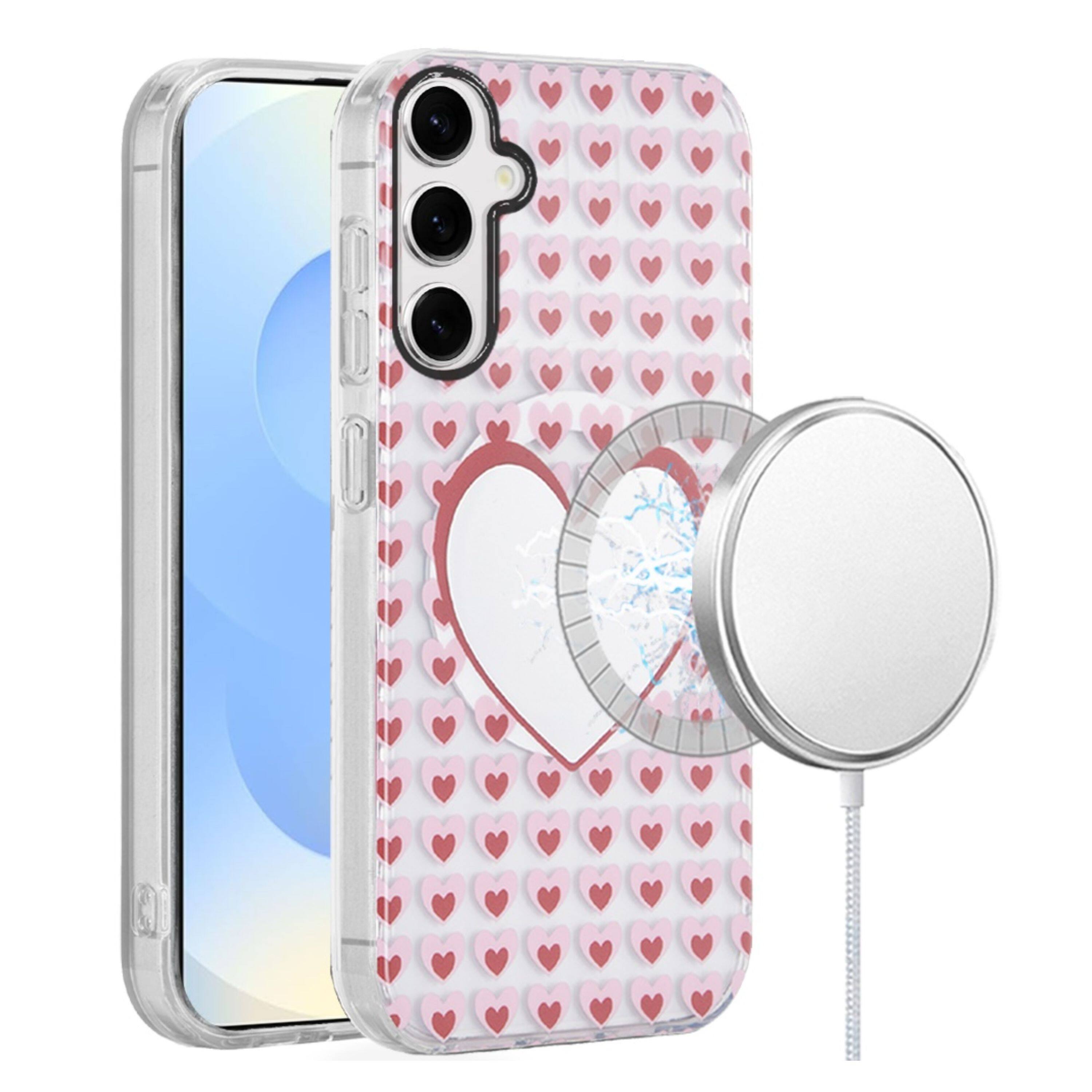 Angle. Kitcheniva - Dual Layer TPU Design Case With Magnetic Circle Tempered Glass For Samsung Galaxy S25+/S24+ Mirror With Hearts - Multicolor.