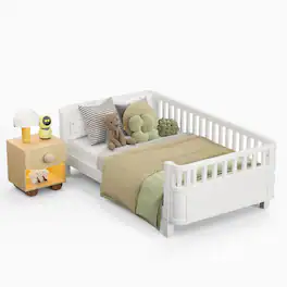 GOODSILO - Twin Size Wood Platform Bed for Children with Safety Rails and Low Profile Design - White