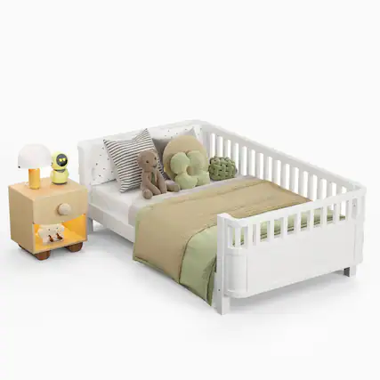 Front. GOODSILO - Twin Size Wood Platform Bed for Children with Safety Rails and Low Profile Design - White.