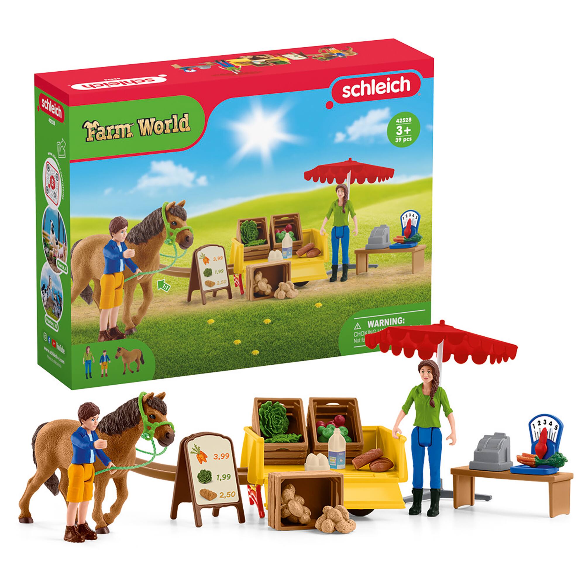The text on the image is grouped as follows:

1. "schleich" repeated three times.
2. "Farm World 3+ 39 pCs 3.79 25"
3. "A WARNING: A CHOKING HAZARD - Small parts. Not for children under 3 years."
4. "1.99 2,50"