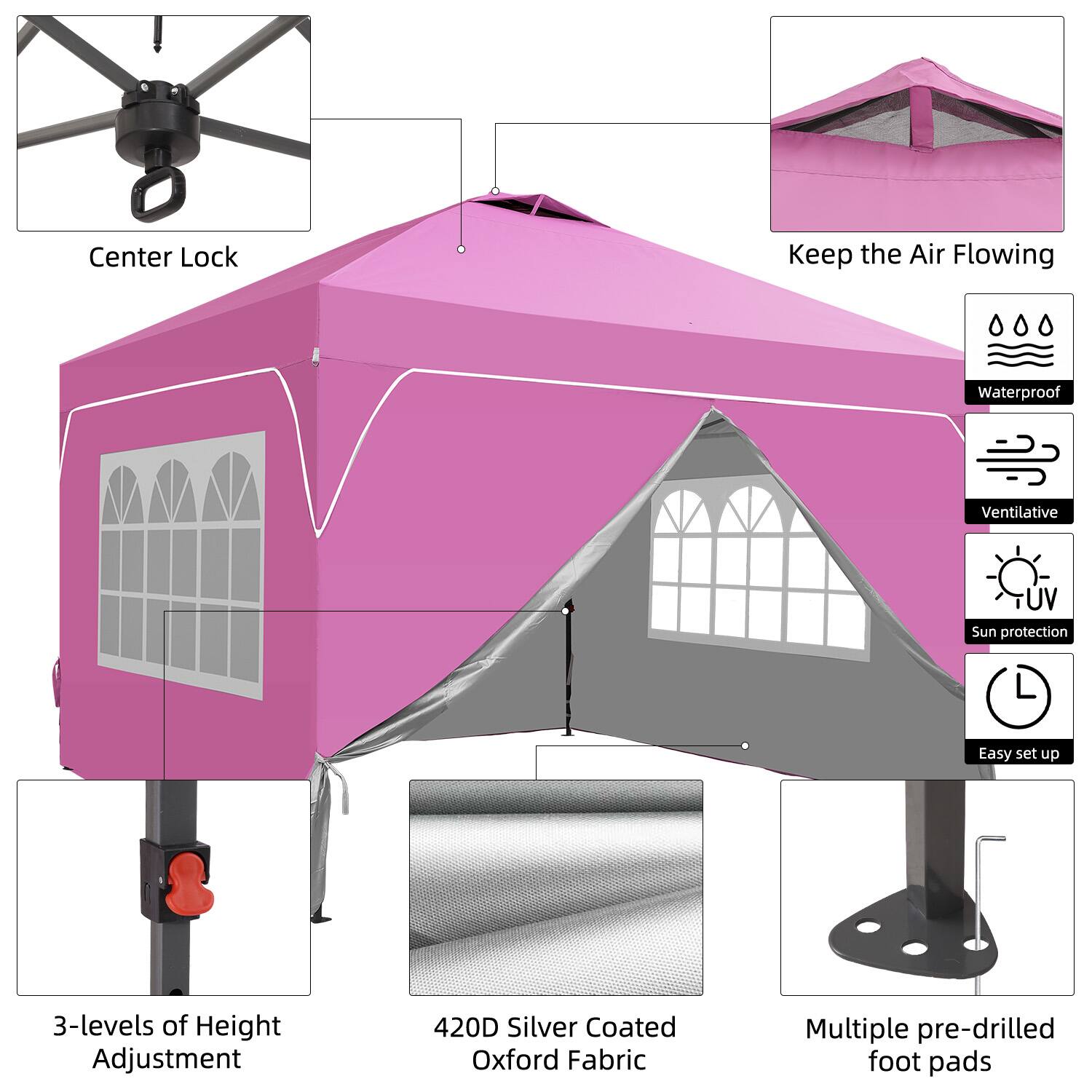 - Center Lock
- Keep the Air Flowing
- Waterproof
- Ventilative
- UV Sun protection
- Easy set up
- 3-levels of Height Adjustment
- 420D Silver Coated Oxford Fabric
- Multiple pre-drilled foot pads