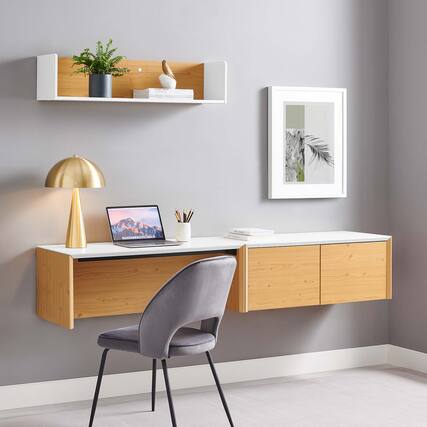 Front. Modway - Kinetic 38" Wall-Mount Office Desk With Cabinet and Shelf by Modway - White Natural.