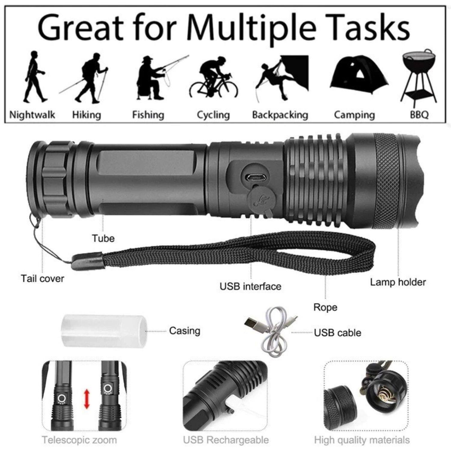 Great for Multiple Tasks

Nightwalk  
Hiking  
Fishing  
Cycling  
Backpacking  
Camping  
BBQ  

Tube  
Tail cover  
USB interface  
Lamp holder  
Rope  
USB cable  
Casing  
Telescopic zoom  
USB Rechargeable  
High quality materials