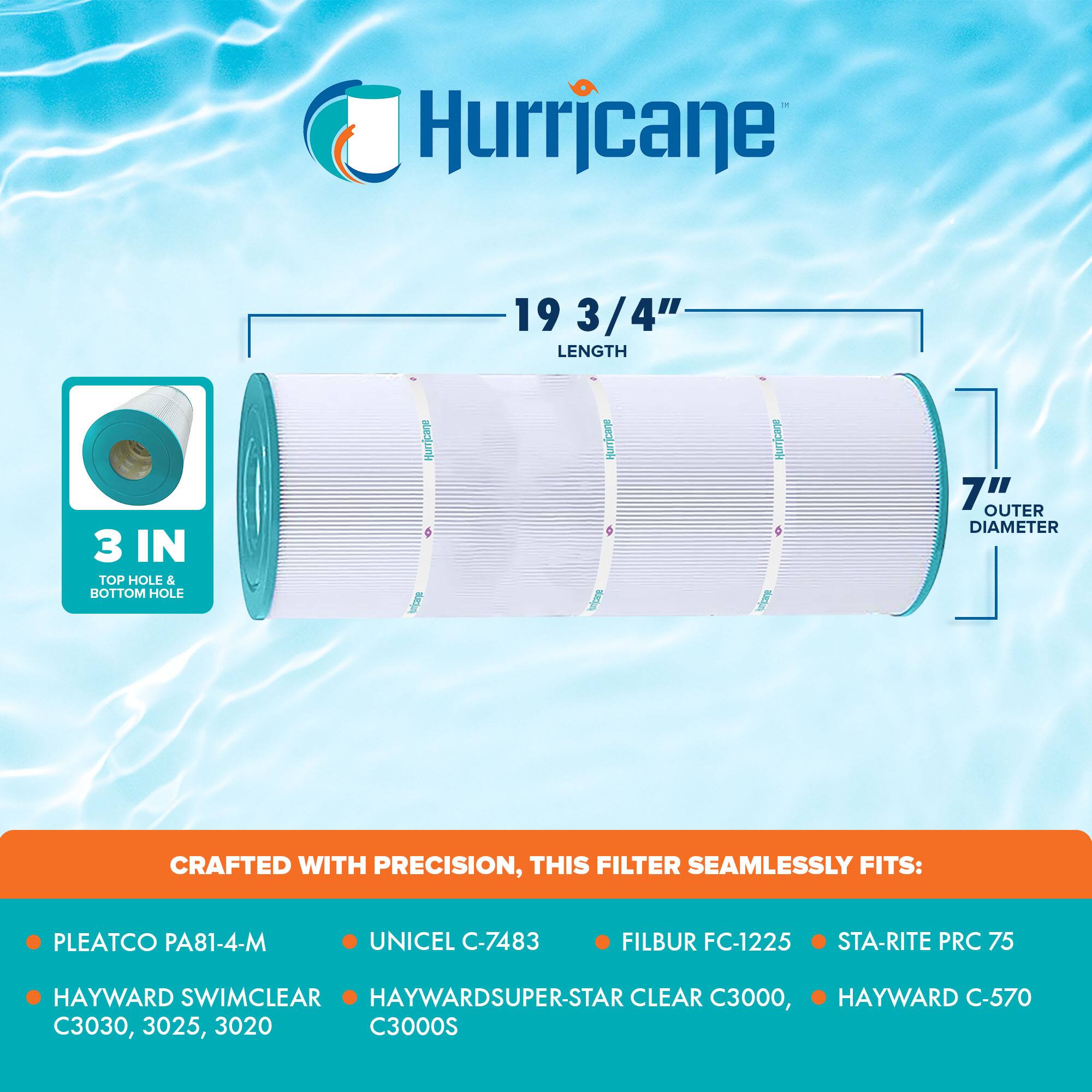Hurricane

19 3/4" LENGTH

3 IN TOP HOLE & BOTTOM HOLE

7" OUTER DIAMETER

CRAFTED WITH PRECISION, THIS FILTER SEAMLESSLY FITS:

- PLEATCO PA81-4-M
- HAYWARD SWIMCLEAR C3030, 3025, 3020
- UNICEL C-7483
- HAYWARDSUPER-STAR CLEAR C3000, C3000S
- FILBUR FC-1225
- STA-RITE PRC 75
- HAYWARD C-570