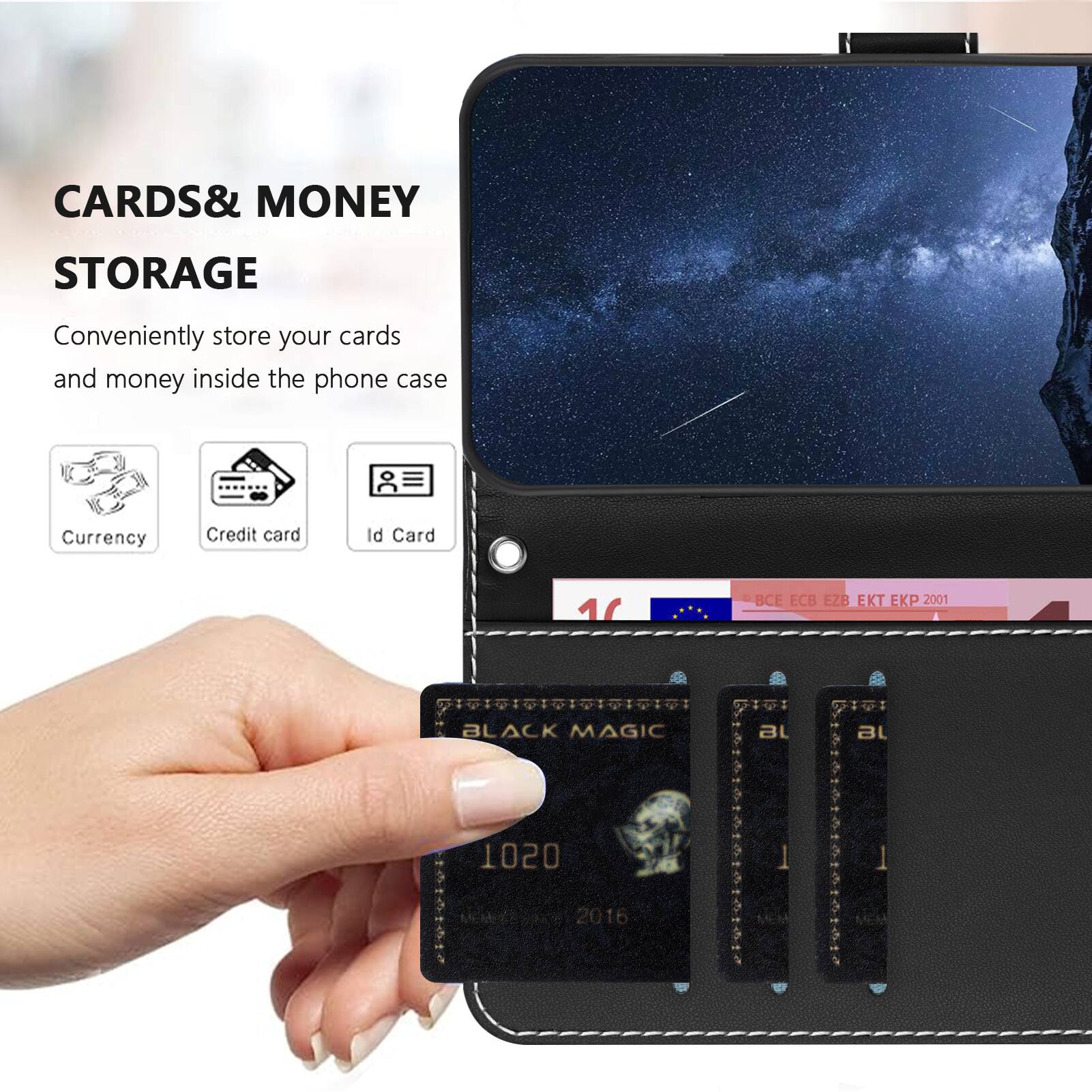 CARDS & MONEY STORAGE  
Conveniently store your cards and money inside the phone case  
Currency Credit card Id Card  

BCE ECB EZB EKT EKP 2001  
BLACK MAGIC  
1020  
MEME 2016