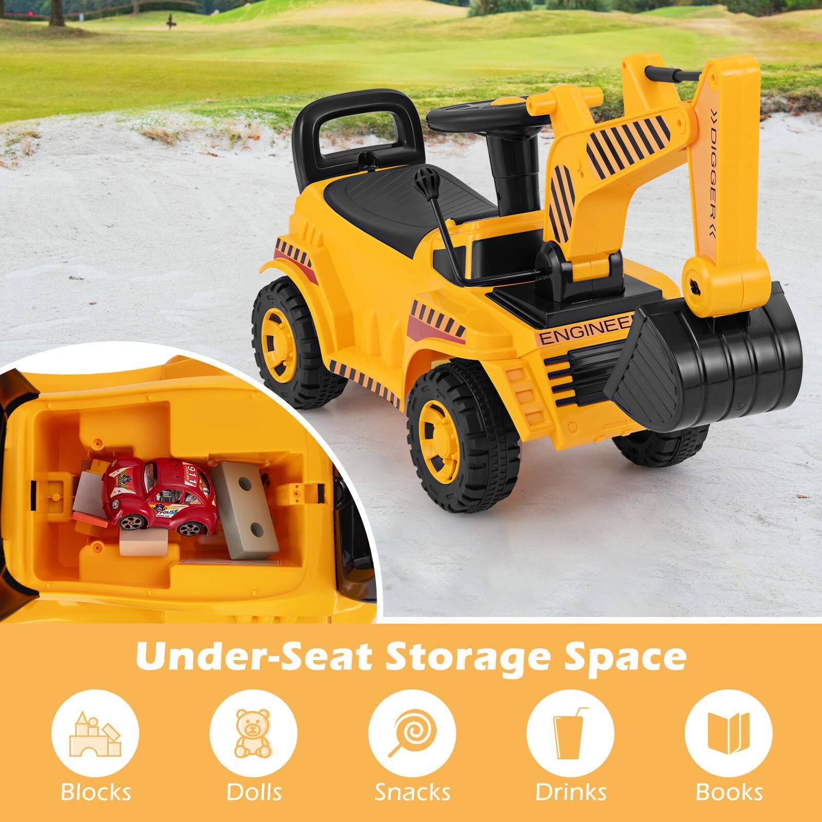 ENGINEE >DIGGER< - Under-Seat Storage Space  
Blocks  
Dolls  
Snacks  
Drinks  
Books