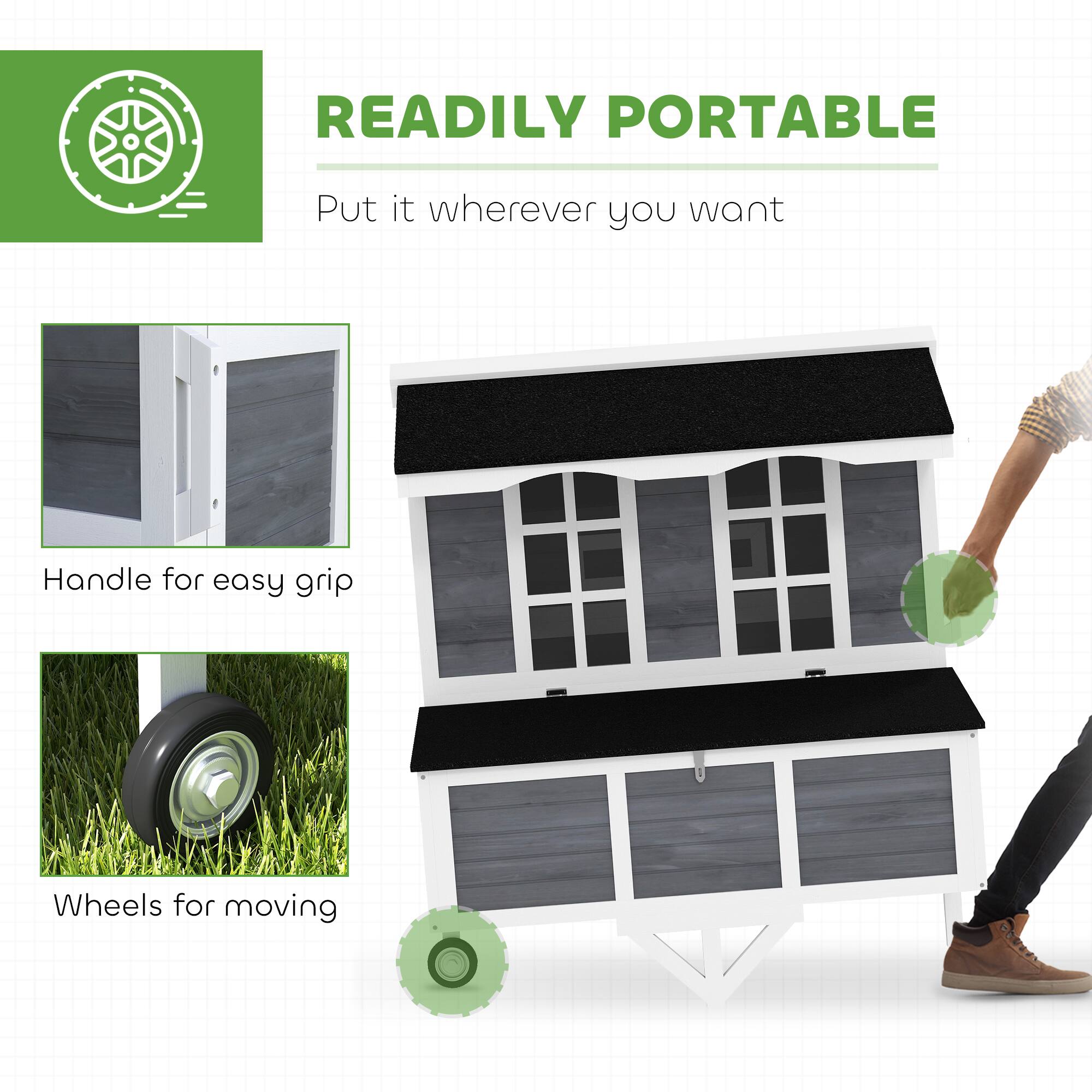 READILY PORTABLE  
Put it wherever you want  

Handle for easy grip  
Wheels for moving