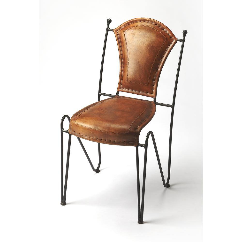 Front. Butler Specialty - Coriander Iron & Leather Side Chair - Medium Brown.