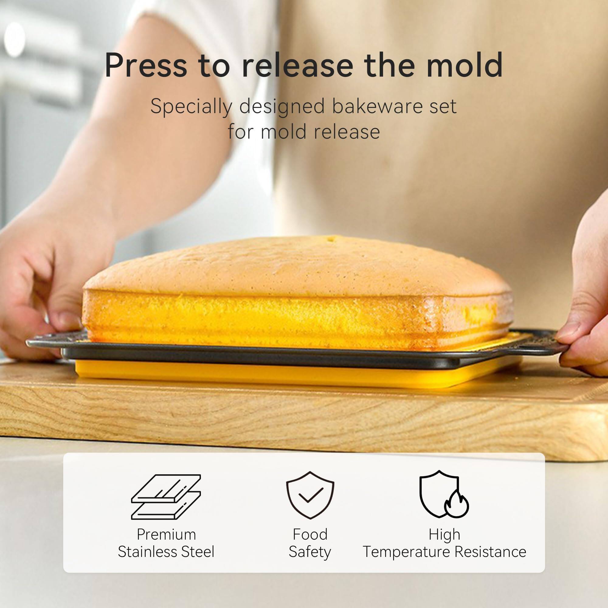 Press to release the mold  
Specially designed bakeware set for mold release  

Premium Stainless Steel  
Food Safety  
High Temperature Resistance