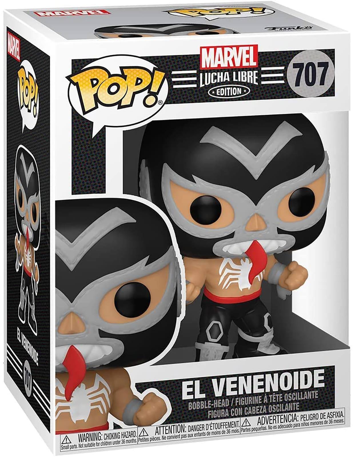 MARVEL LUCHA LIBRE  
707  
POP! EDITION  

EL VENENOIDE  
BOBBLE-HEAD / FIGURINE À TÊTE OSCILLANTE  
FIGURA CON CABEZA OSCILANTE  

ADVERTENCIA: PELIGRO DE ASFIXIA.  
ATTENTION: DANGER D'ÉTOUFFEMENT.  
WARNING: CHOKING HAZARD.  

No es adecuado para niños menores de 36 meses.  
Ne convient pas aux enfants de moins de 36 mois.  
Not suitable for children under 36 months.  

Small parts.  
Petites pièces.