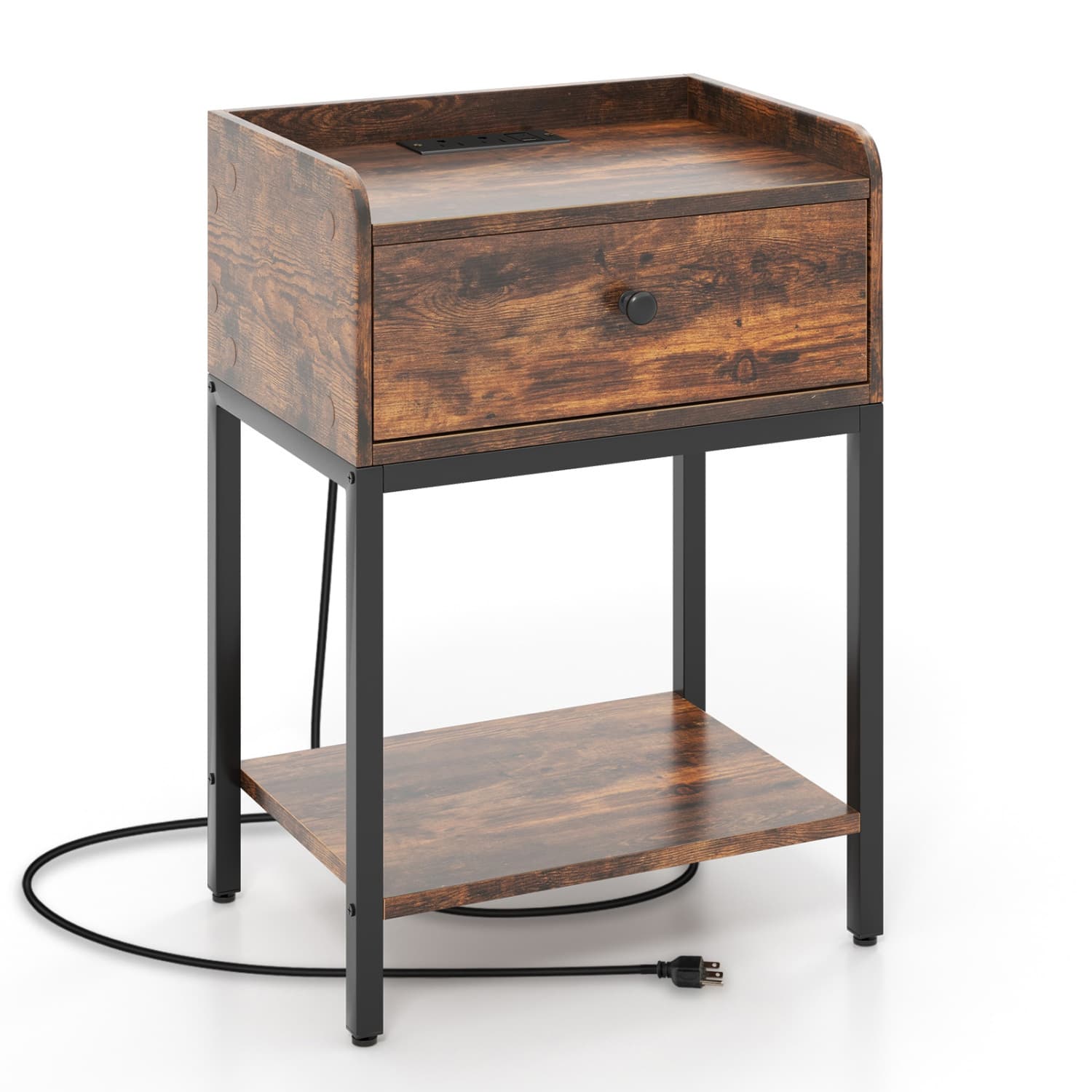 WELLFOR - Industrial Nightstand with Charging Station - Rustic Brown