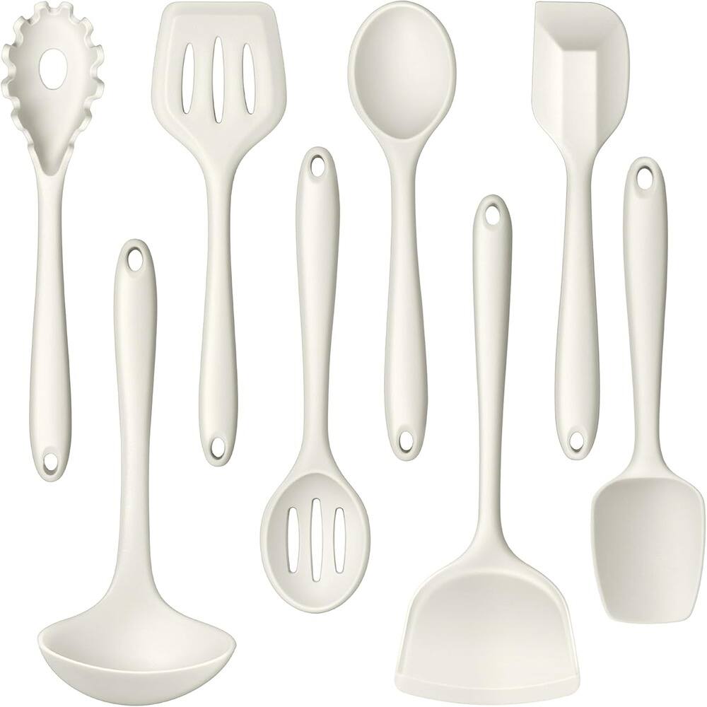 Front. RTMB - Eight-piece set of kitchen cooking utensils is made of silicone and is heat-resistant. - White.