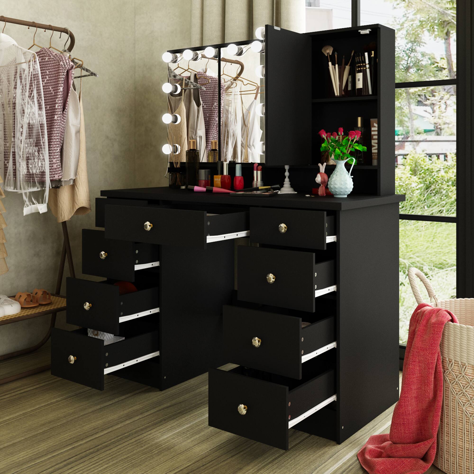 Alt View 4. Famapy - Luxe Illuminated Vanity Set w/3-Way Lighting | Silent-Drawer Organization, Eco-Smart Makeup Studio - Black.