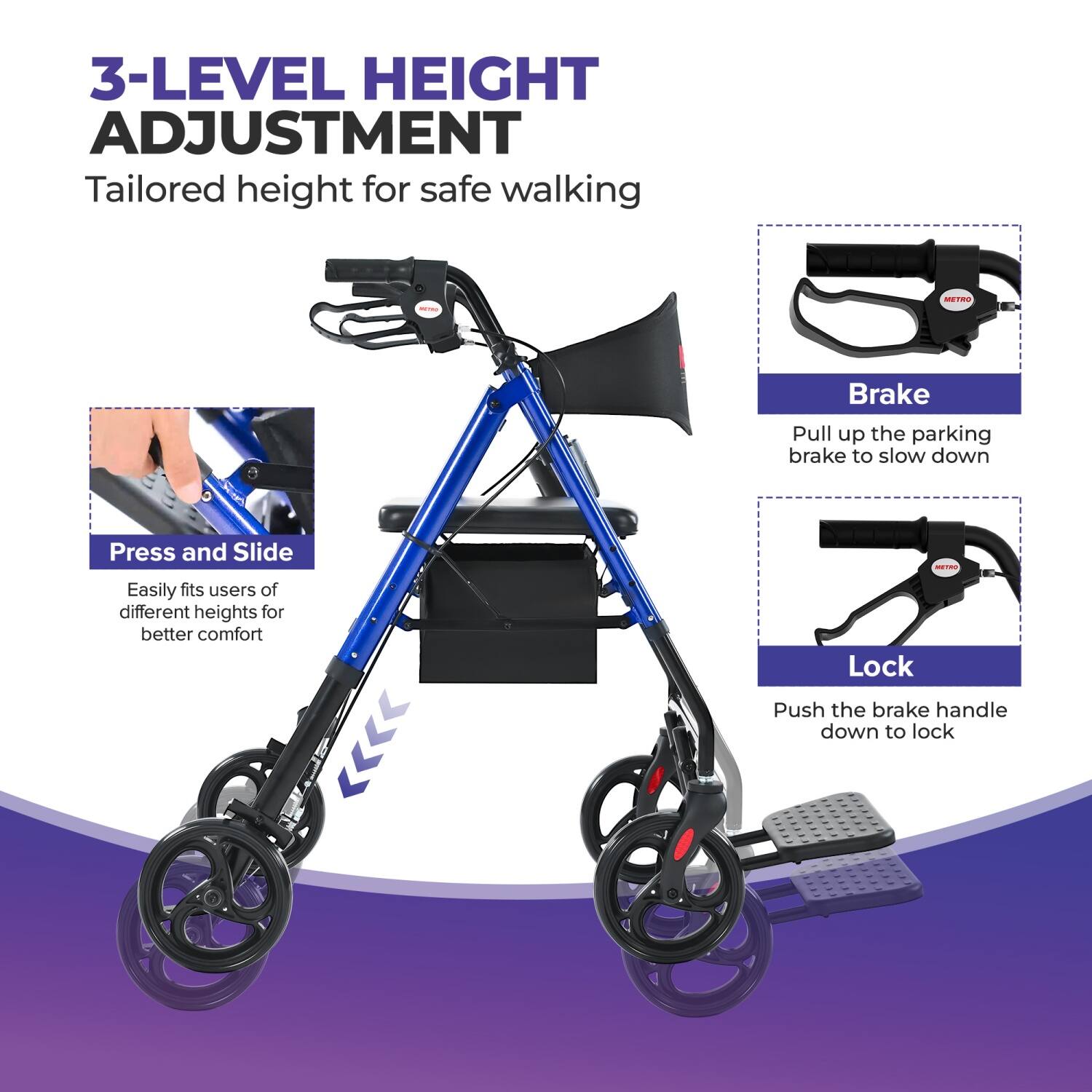 3-LEVEL HEIGHT ADJUSTMENT  
Tailored height for safe walking  

Press and Slide  
Easily fits users of different heights for better comfort  

Brake  
Pull up the parking brake to slow down  

Lock  
Push the brake handle down to lock