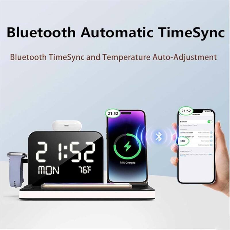 Bluetooth Automatic TimeSync  
Bluetooth TimeSync and Temperature Auto-Adjustment  

21:52  
MON 76°F  

75% Charged  

010