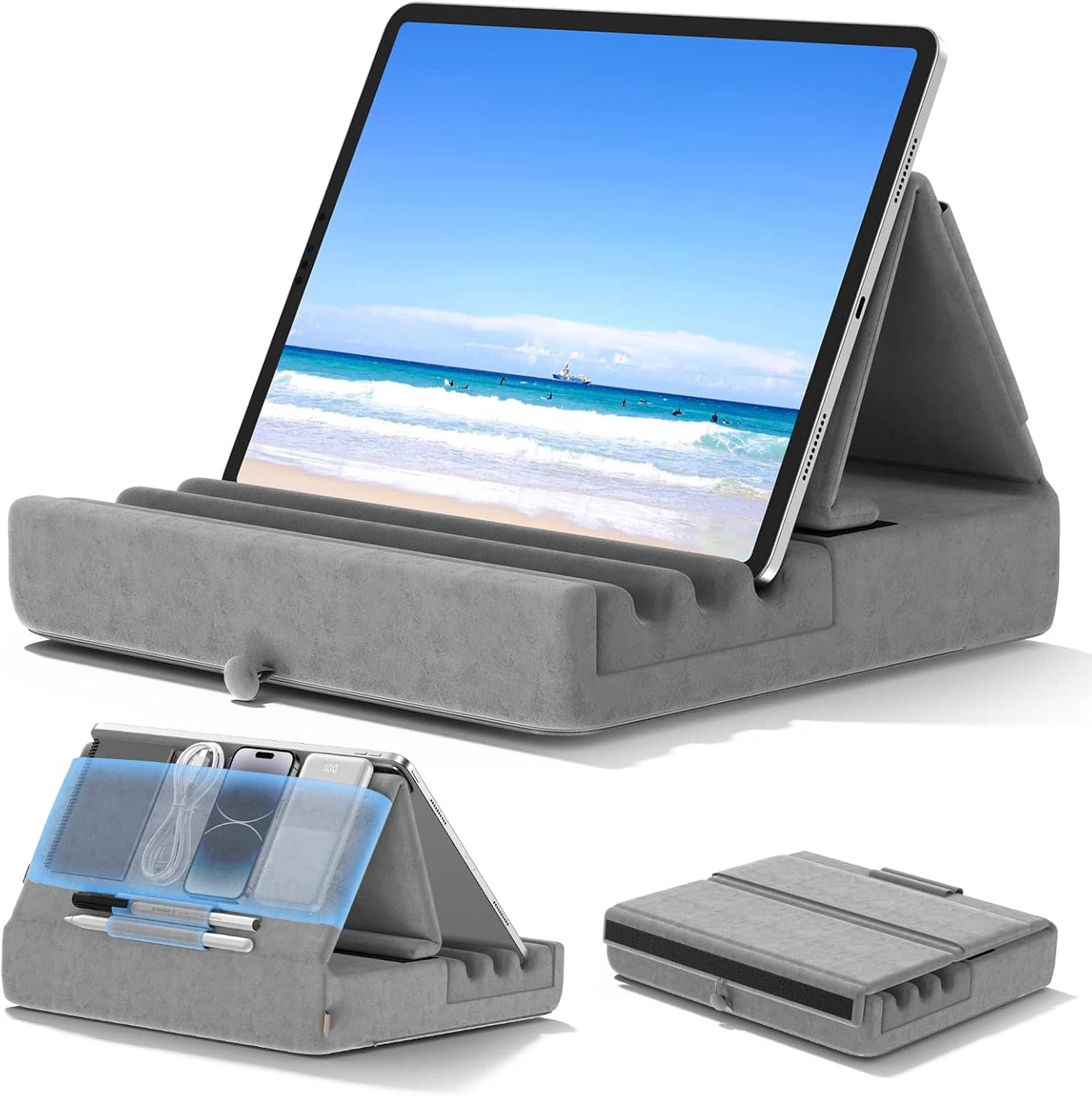 FINEAK - Foldable Tablet Pillow Stand-Lap, Bed & Desk Comfort with Pockets - Gray