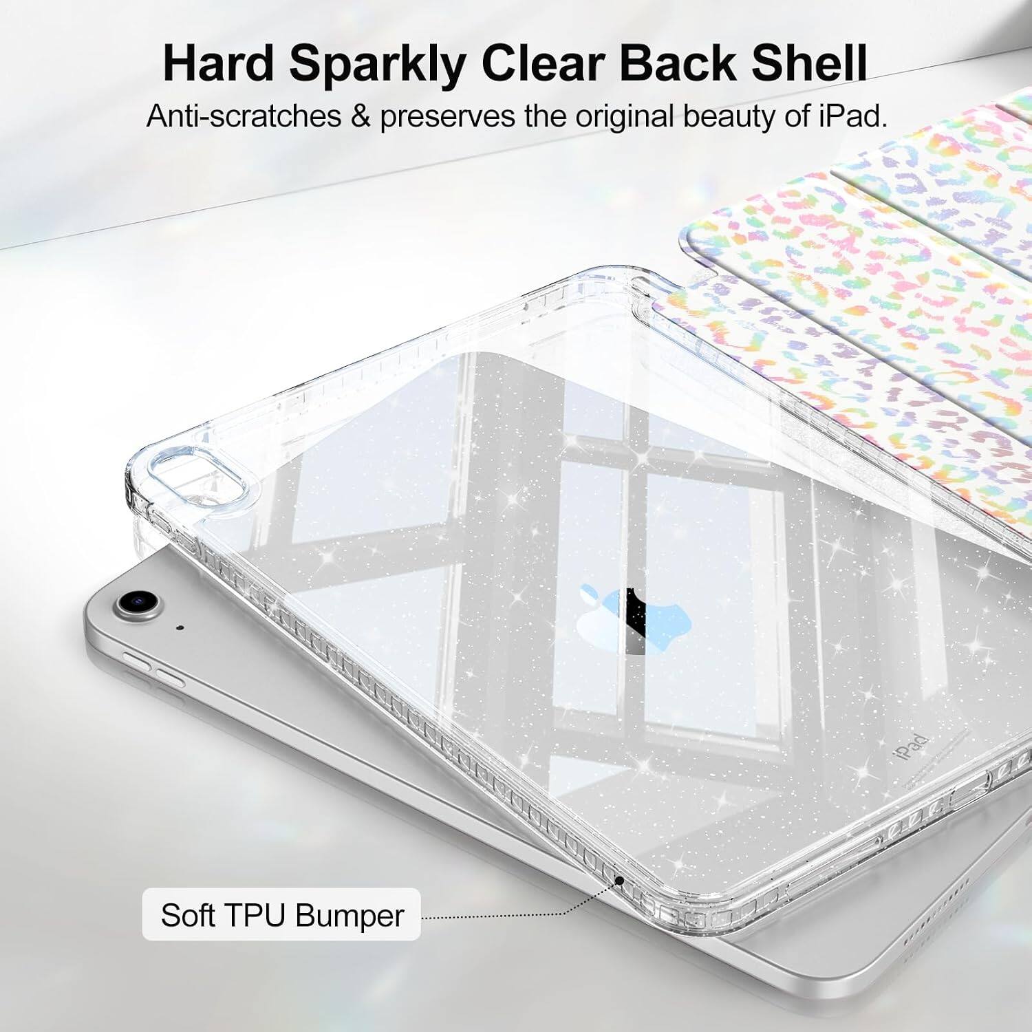 Hard Sparkly Clear Back Shell  
Anti-scratches & preserves the original beauty of iPad.  
Soft TPU Bumper