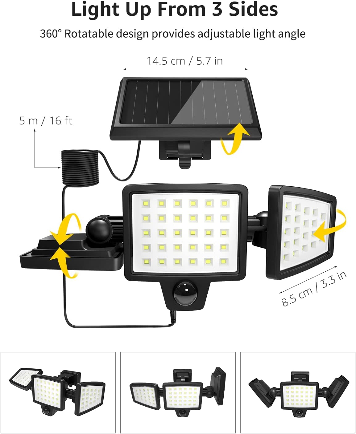 Alt View 4. Lepro - 1000LM Solar Motion Sensor Light, 6500K, Separate Solar Panel, 3 Adjustable Heads, IP65 Waterproof for Porch Yard Garage - Black.
