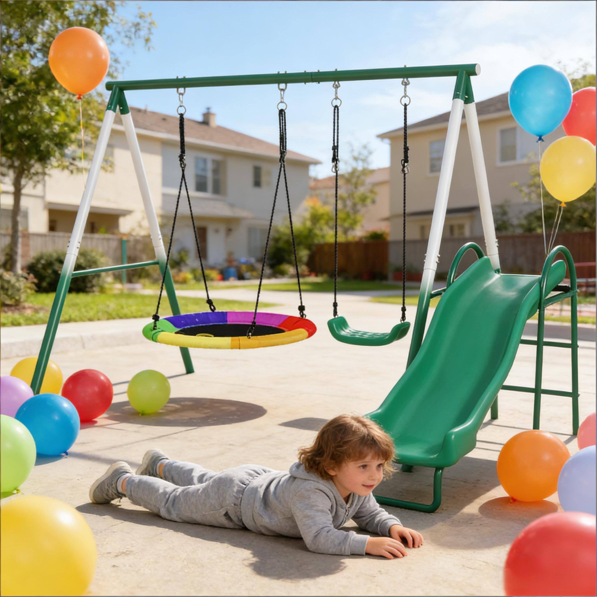 Front. Siljoy - Metal Swing Set with Saucer Swing, Slide & Adjustable Ropes, 265lb Capacity, for Ages 3‑8, Backyard - Black,Dark Green,White.