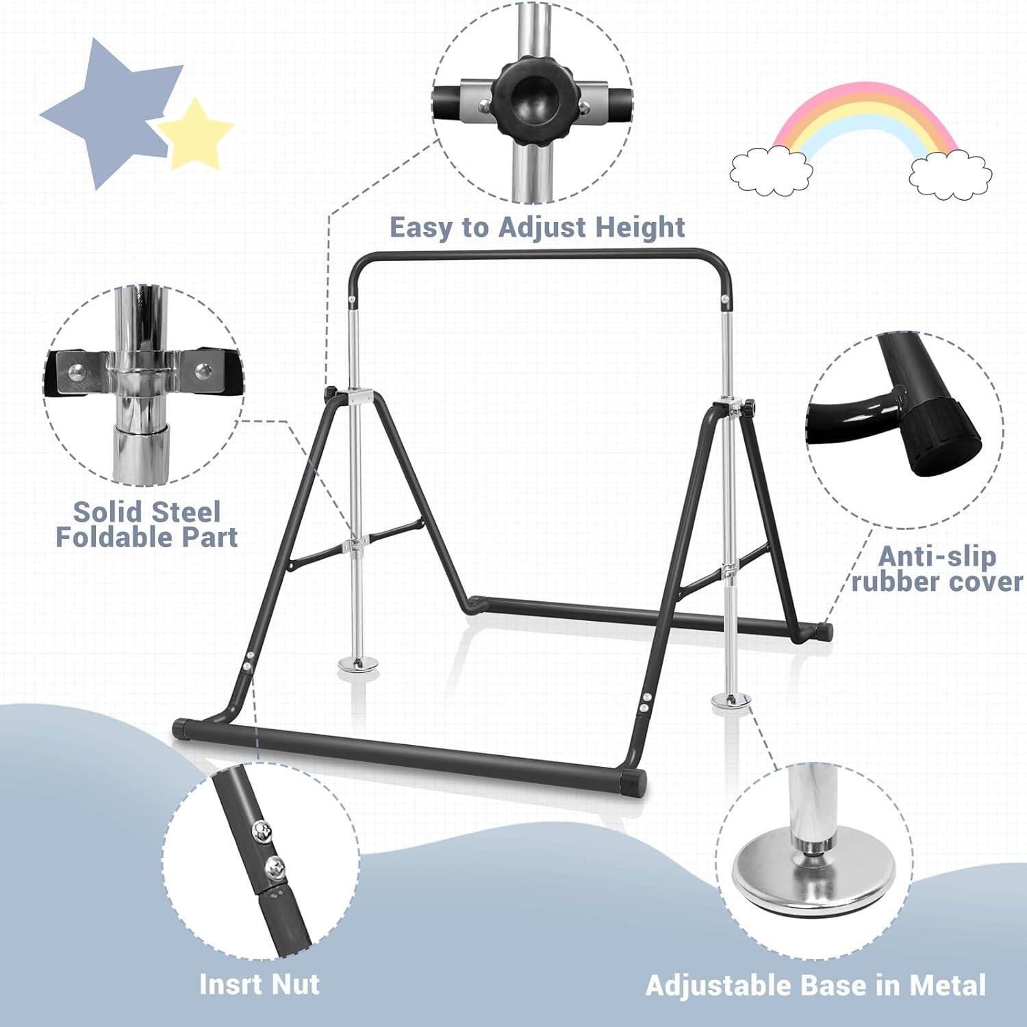 Easy to Adjust Height  
Solid Steel Foldable Part  
Anti-slip rubber cover  
Insert Nut  
Adjustable Base in Metal
