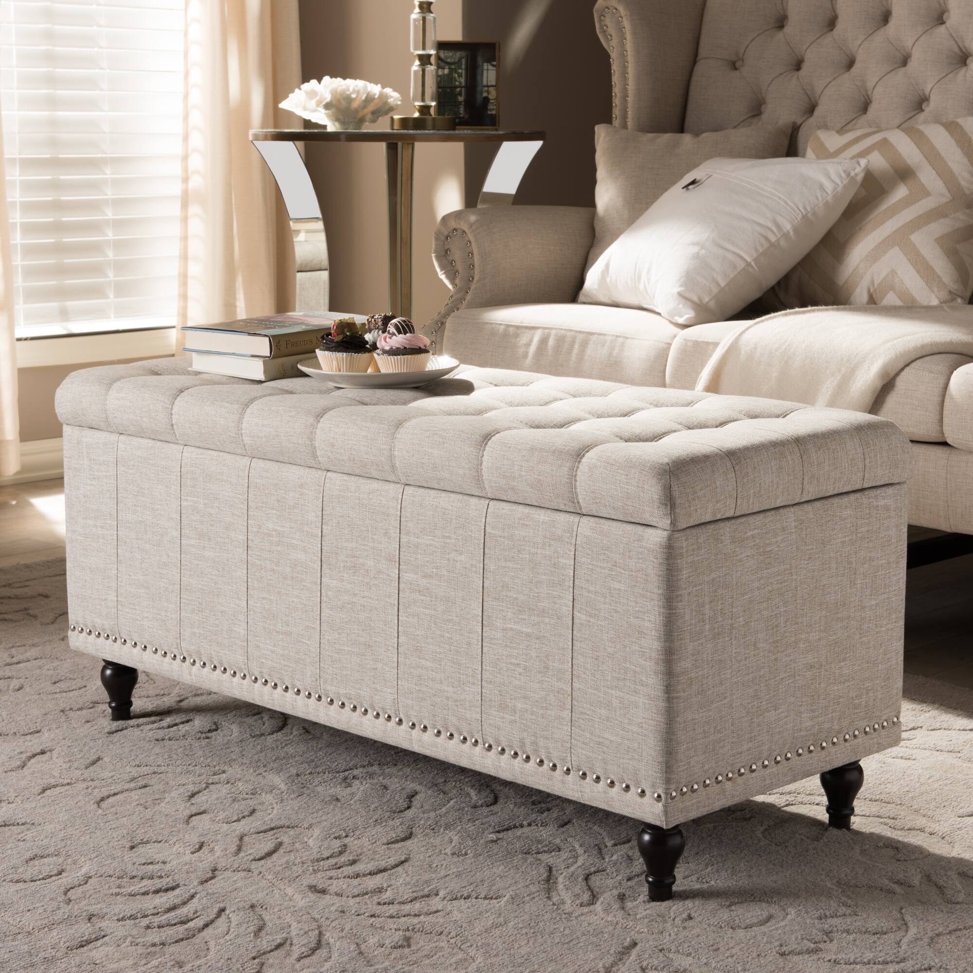 Alt View 4. Baxton Studio - Kaylee Modern Classic Fabric Upholstered Button-Tufting Storage Ottoman Bench - Beige.
