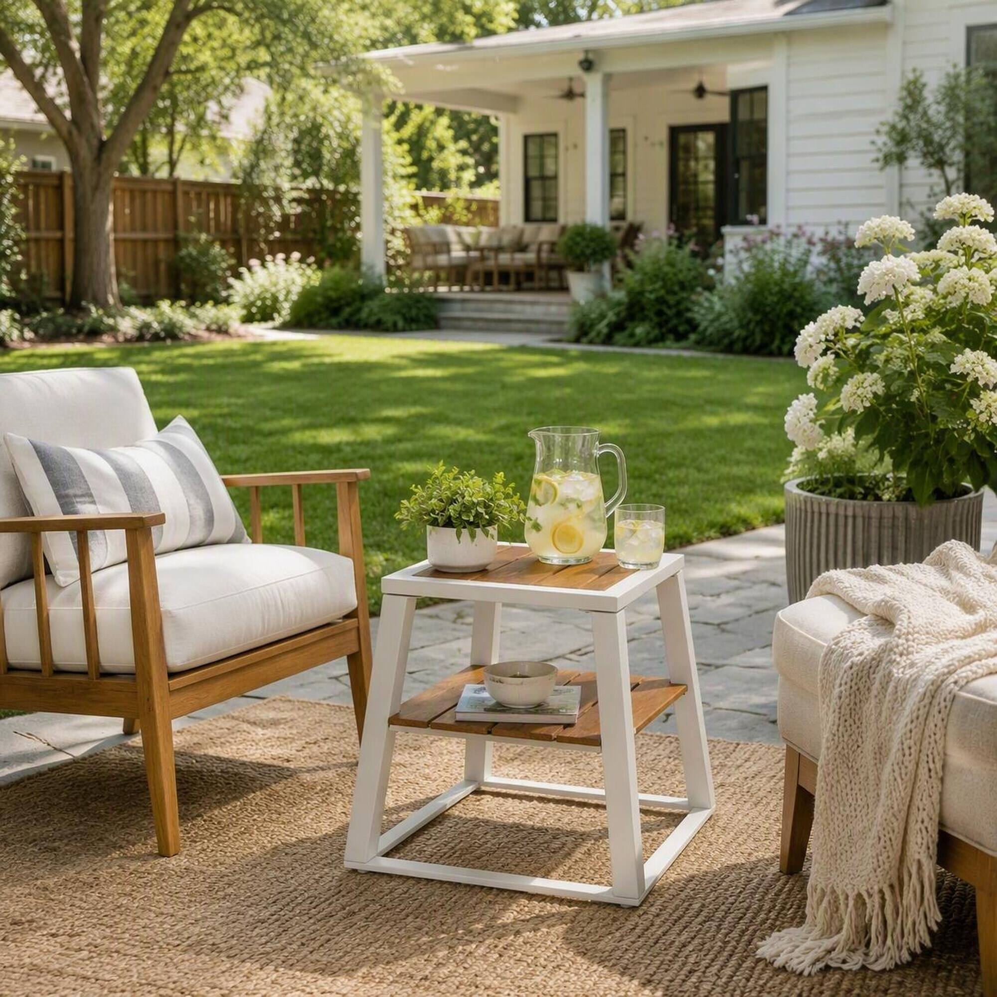 Back. RYHNUYNE - 2-Tier Acacia Wood Outdoor Side Table With White Iron Frame, Weather-Resistant Patio End Table With Storage Shelf - White.