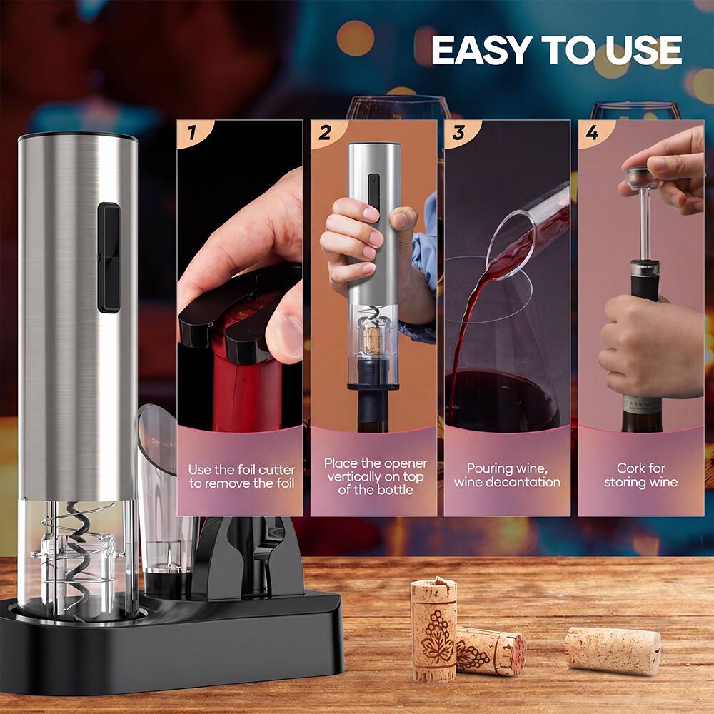 EASY TO USE

1. Use the foil cutter to remove the foil
2. Place the opener vertically on top of the bottle
3. Pouring wine, wine decantation
4. Cork for storing wine