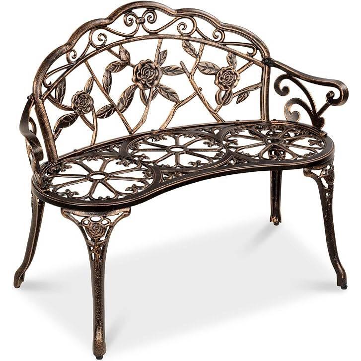 Left. Hivvago - Outdoor Patio Garden Bench with Backrest in Antique Bronze Metal Finish - Antique Bronze.