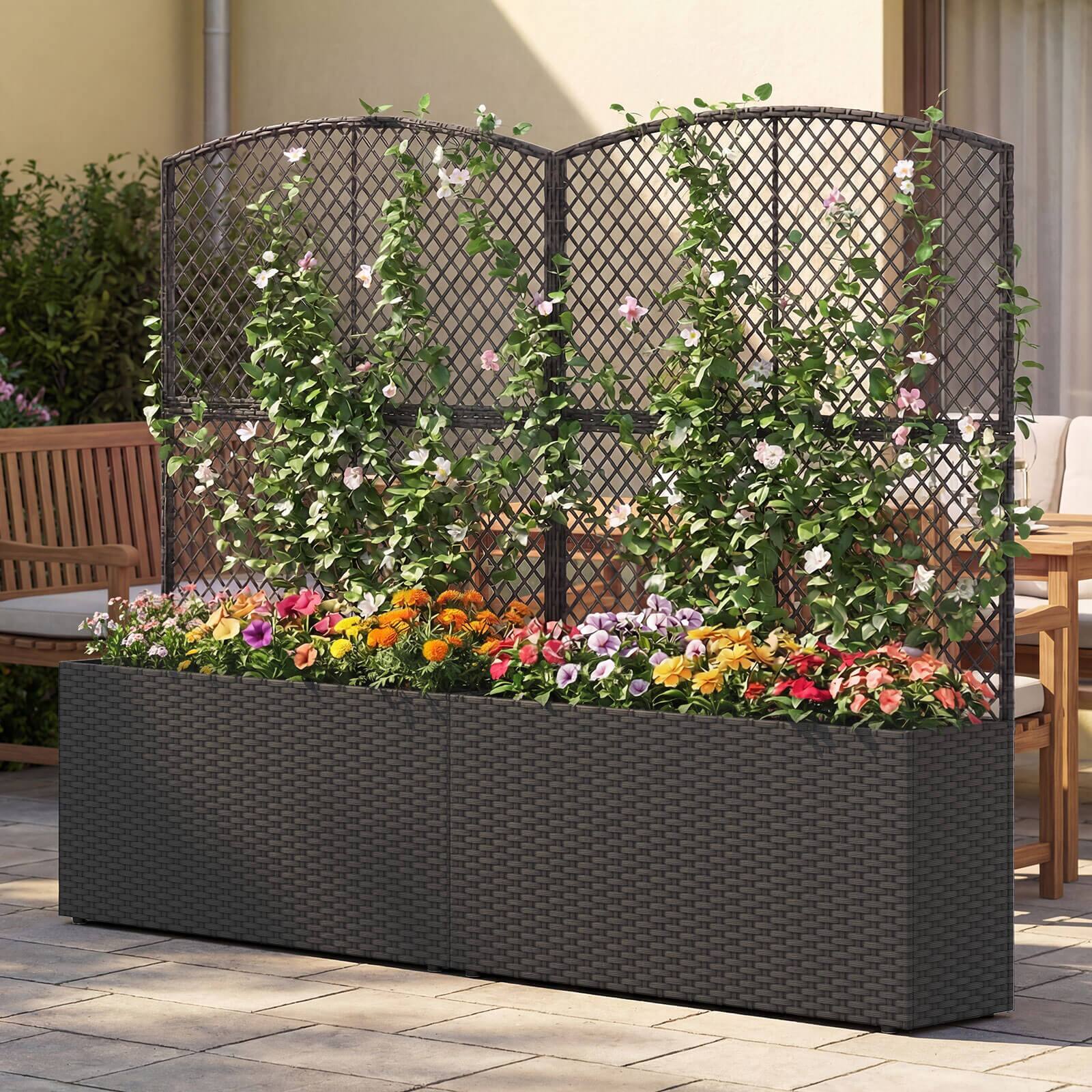 Alt View 3. Costway - Costway 1 PCS 58" Raised Garden Bed with Trellis, Wicker Planter Box with Privacy Screen - Black.