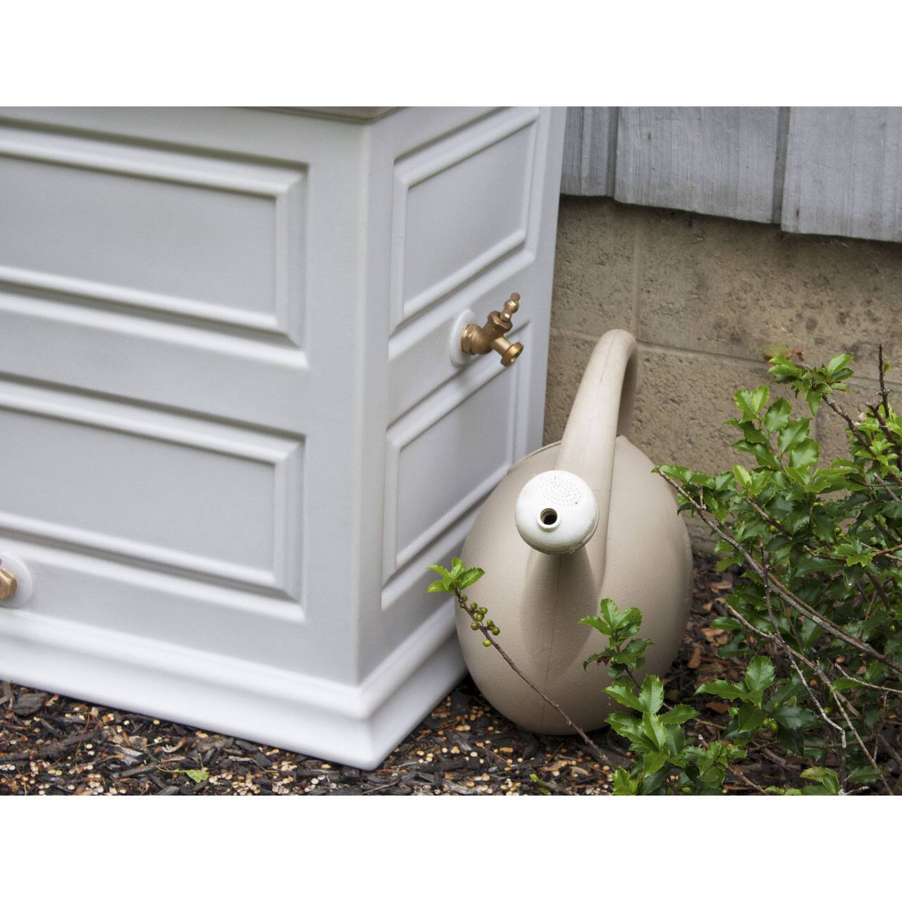 Alt View 5. Good Ideas - Good Ideas Savannah 42 Gallon Colonial Style Rain Barrel Planter w/Brass Spigots - Light gray.