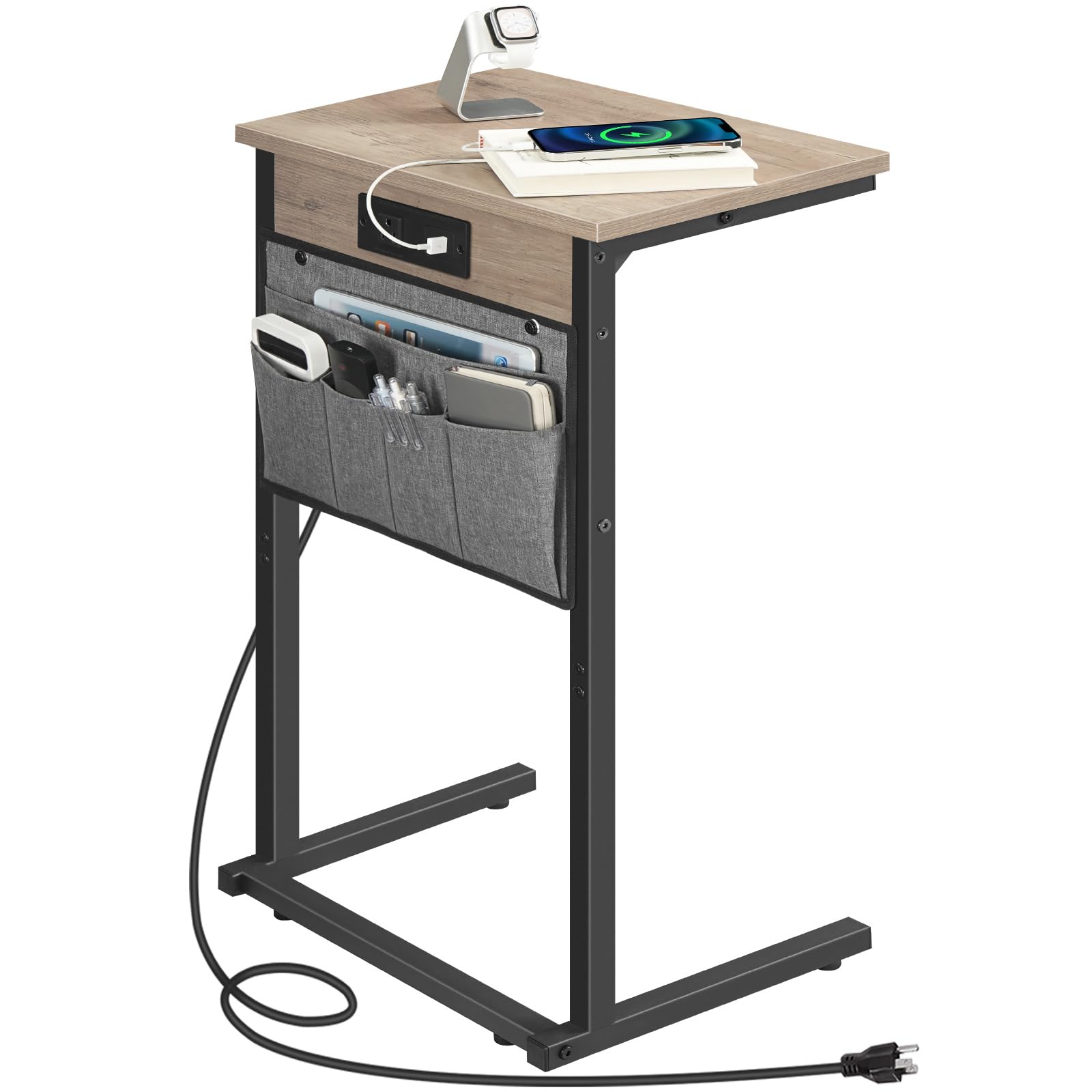 JETRANSPORT - C Shaped End Table With Charging Station 28" H Couch Side Slide Under Sofa Arm Tray Storage Bag For Living Ro - Greige + Black 1