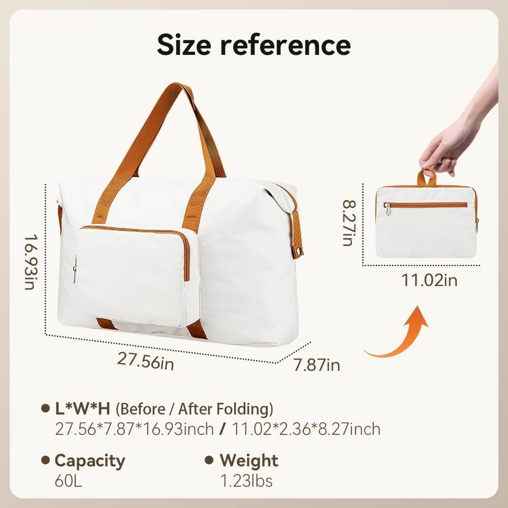 Size reference: 16.93in x 8.27in x 11.02in x 27.56in x 7.87in  
L*W*H (Before / After Folding): 27.56*7.87*16.93inch / 11.02*2.36*8.27  
Capacity: 60L  
Weight: 1.23lbs