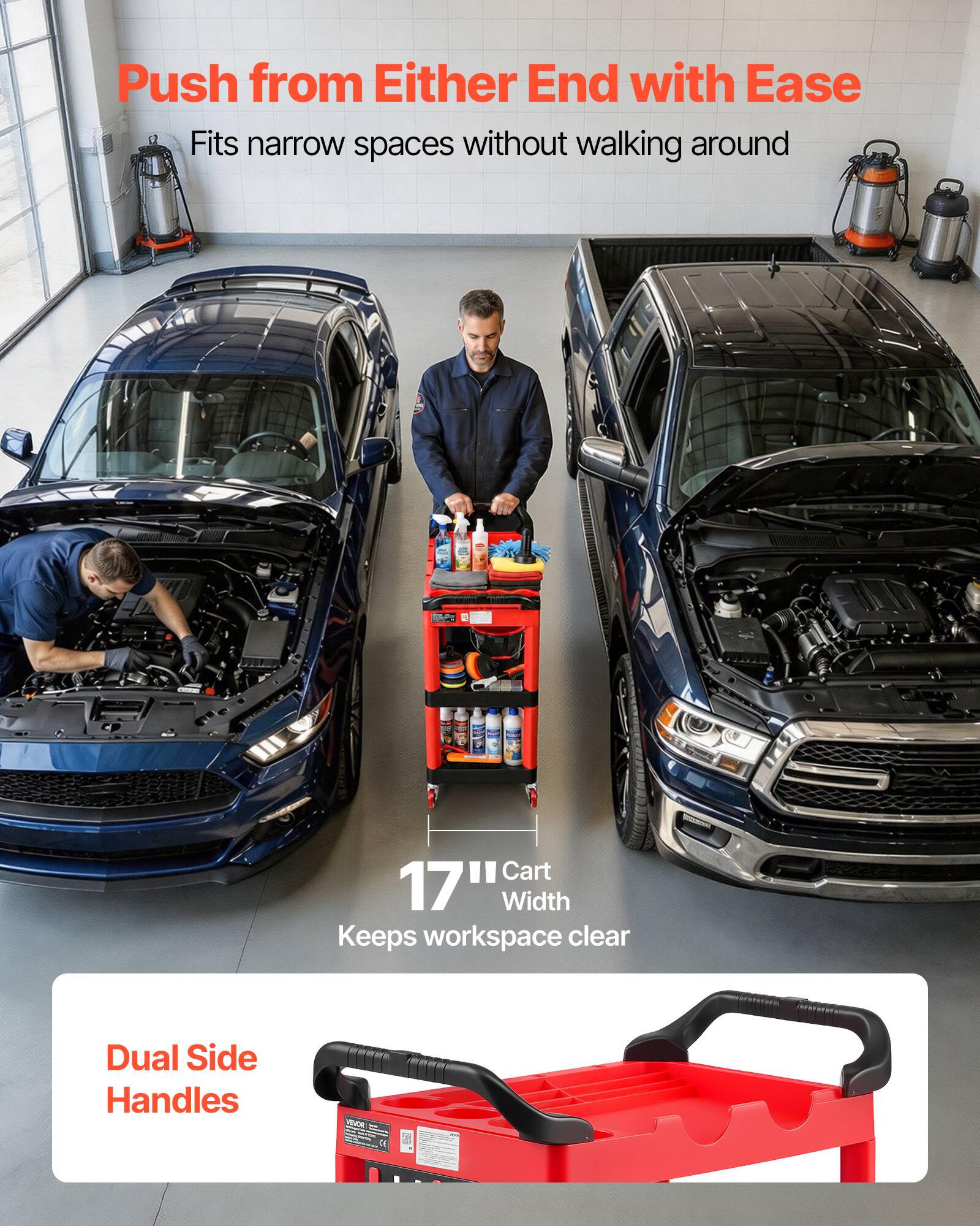 Push from Either End with Ease  
Fits narrow spaces without walking around  

17" Cart Width  
Keeps workspace clear  

Dual Side Handles