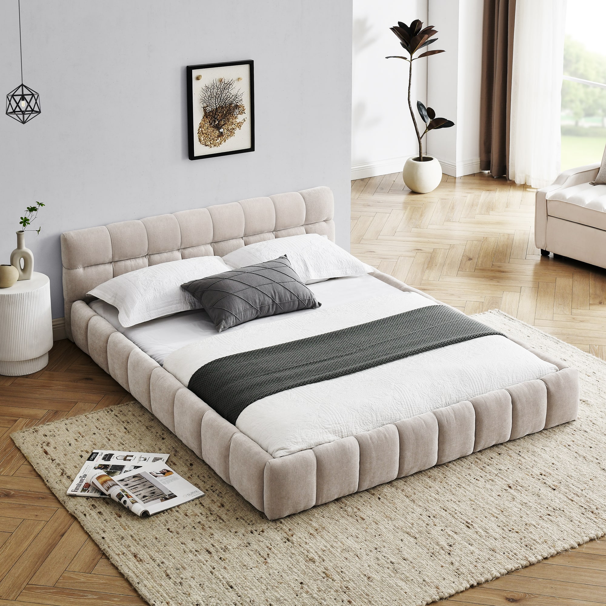 Anysun - Queen Chenille Platform Bed Frame with Headboard - Thick Fabric, Solid Frame, No Box Spring Needed - Beige