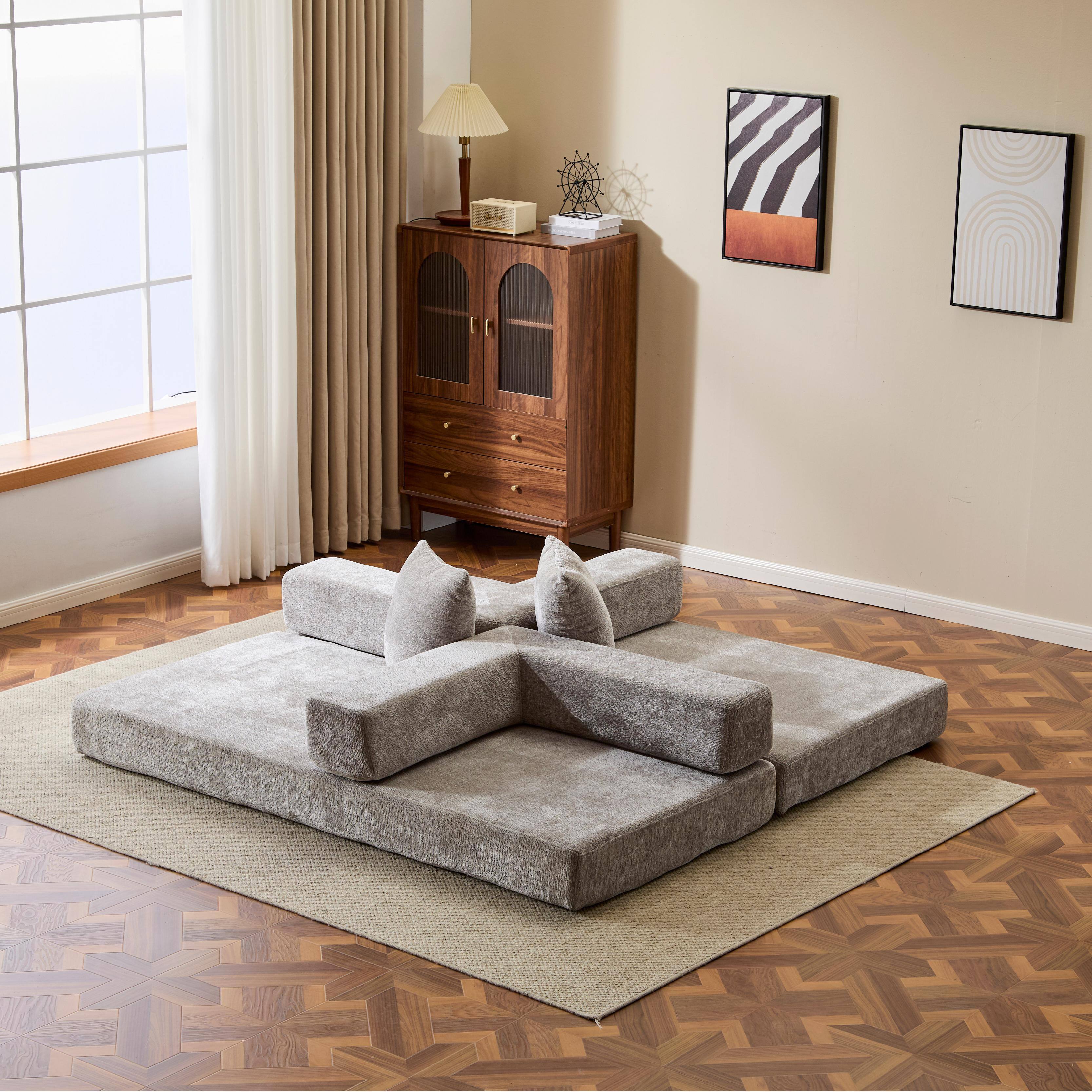 Alt View 4. Anysun - Chenille Convertible Floor Sofa Bed with Pillow Support & Armrest - Compression Couch Sleeper for Living Room & Bedroom - Light Gray.