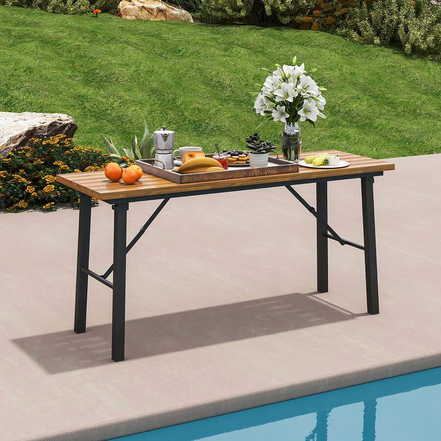 Gymax Patio Folding Picnic Table Acacia Wood Dining Table w/ Metal ...