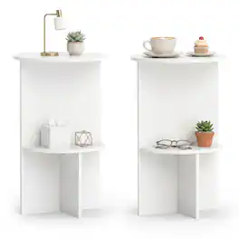 Costway - 2 PCS Side Table, 2-Tier Round End Table with Storage Shelf, Night Stand for Bedroom - White