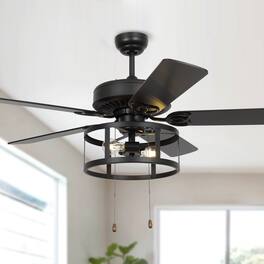 Parrot Uncle - 52" Industrial 2-Light Blacke Ceiling Fan with Pull Chain Control - Black