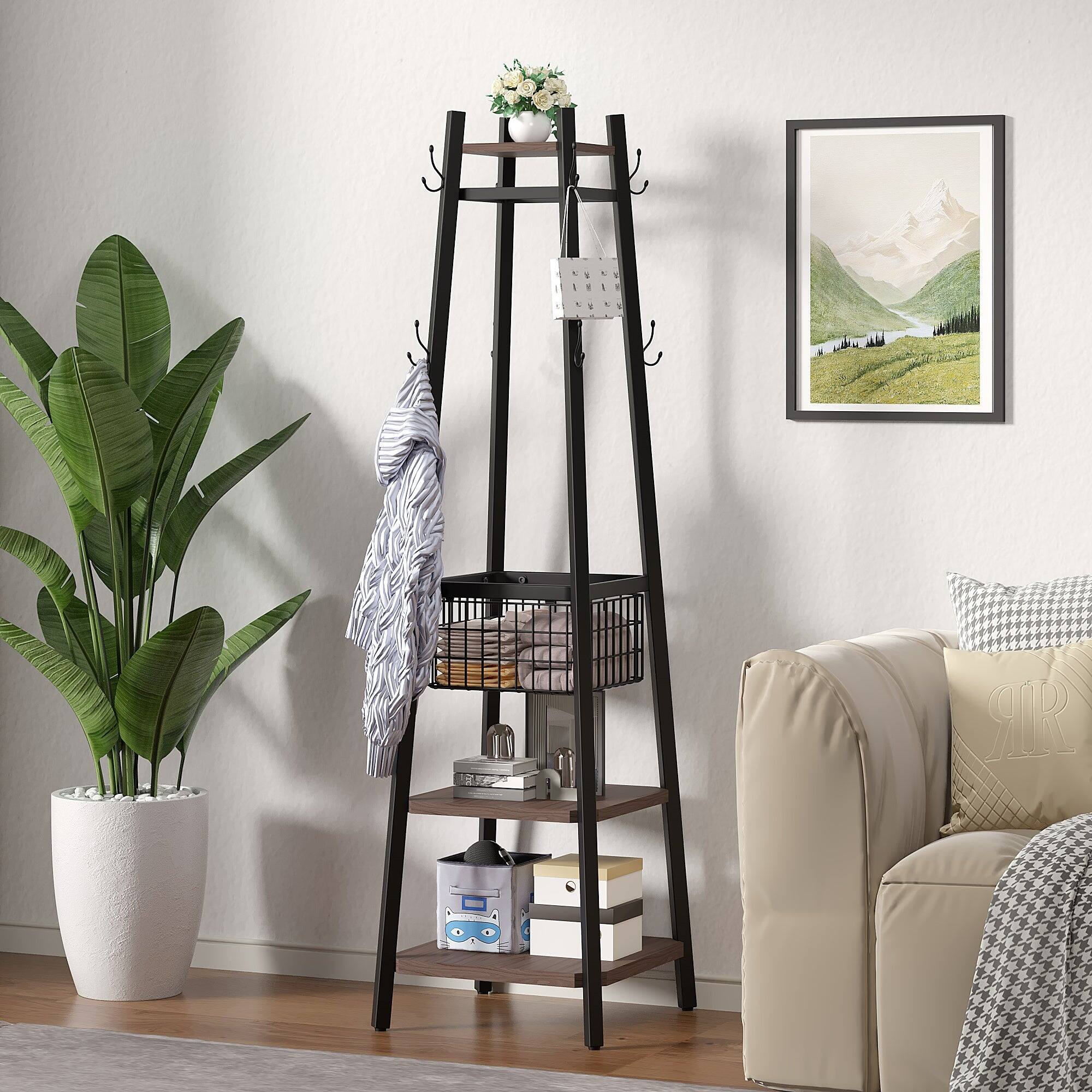 Alt View 3. Vecelo - Freestanding Entryway Coat Rack with Storage Basket and Hooks, Modern Hall Tree Organizer with Hanging Rods - Grey.