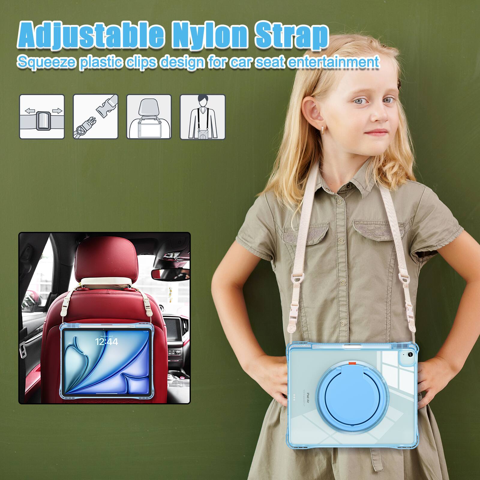 Adjustable Nylon Strap  
Squeeze plastic clips design for car seat entertainment