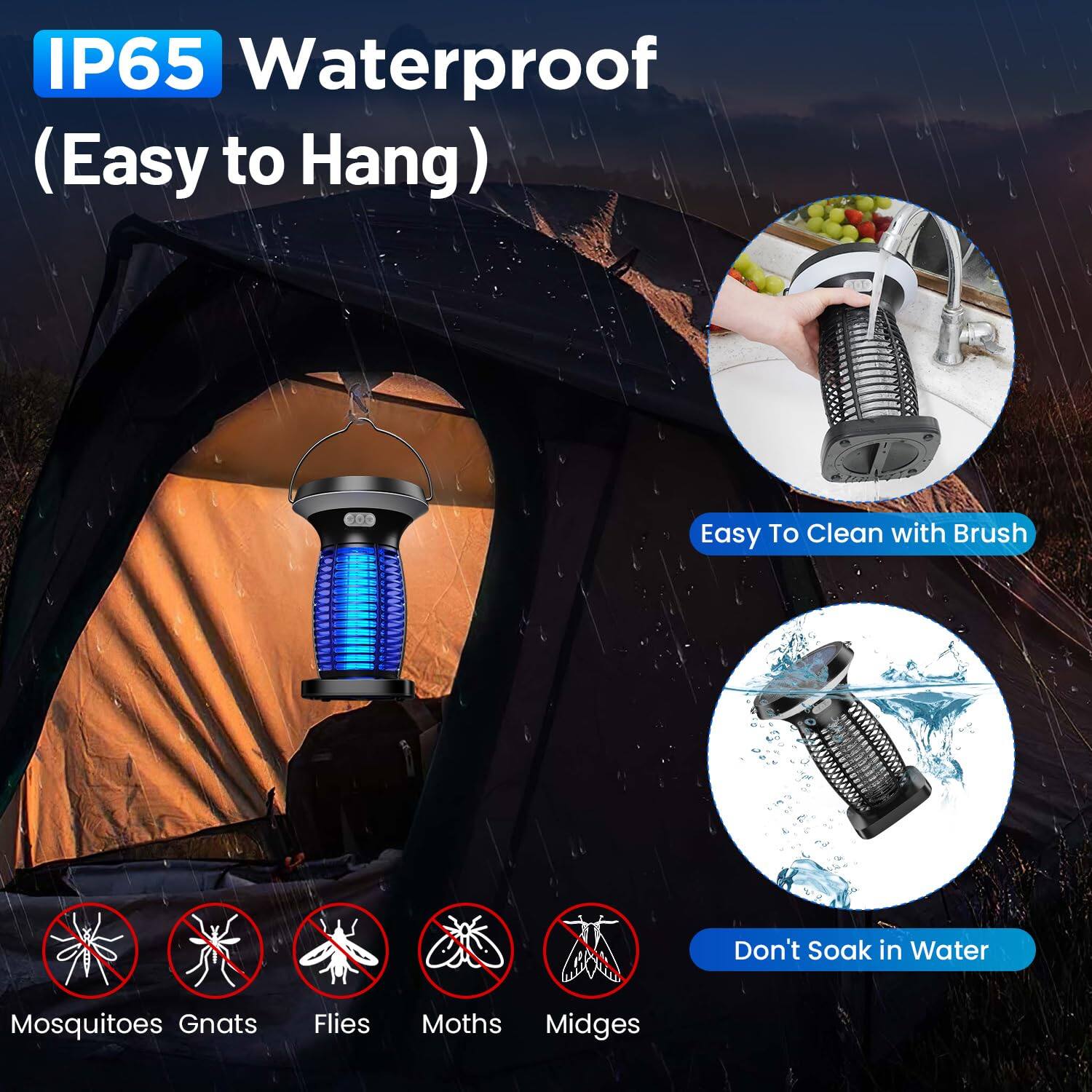 IP65 Waterproof (Easy to Hang)

- Easy To Clean with Brush
- Don't Soak in Water

Mosquitoes Gnats Flies Moths Midges